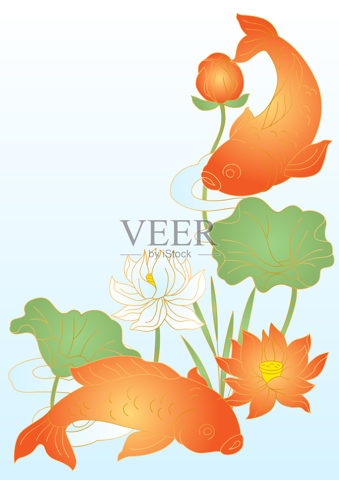 东方鱼莲插画。中国和日本的传统背景。插画图片素材