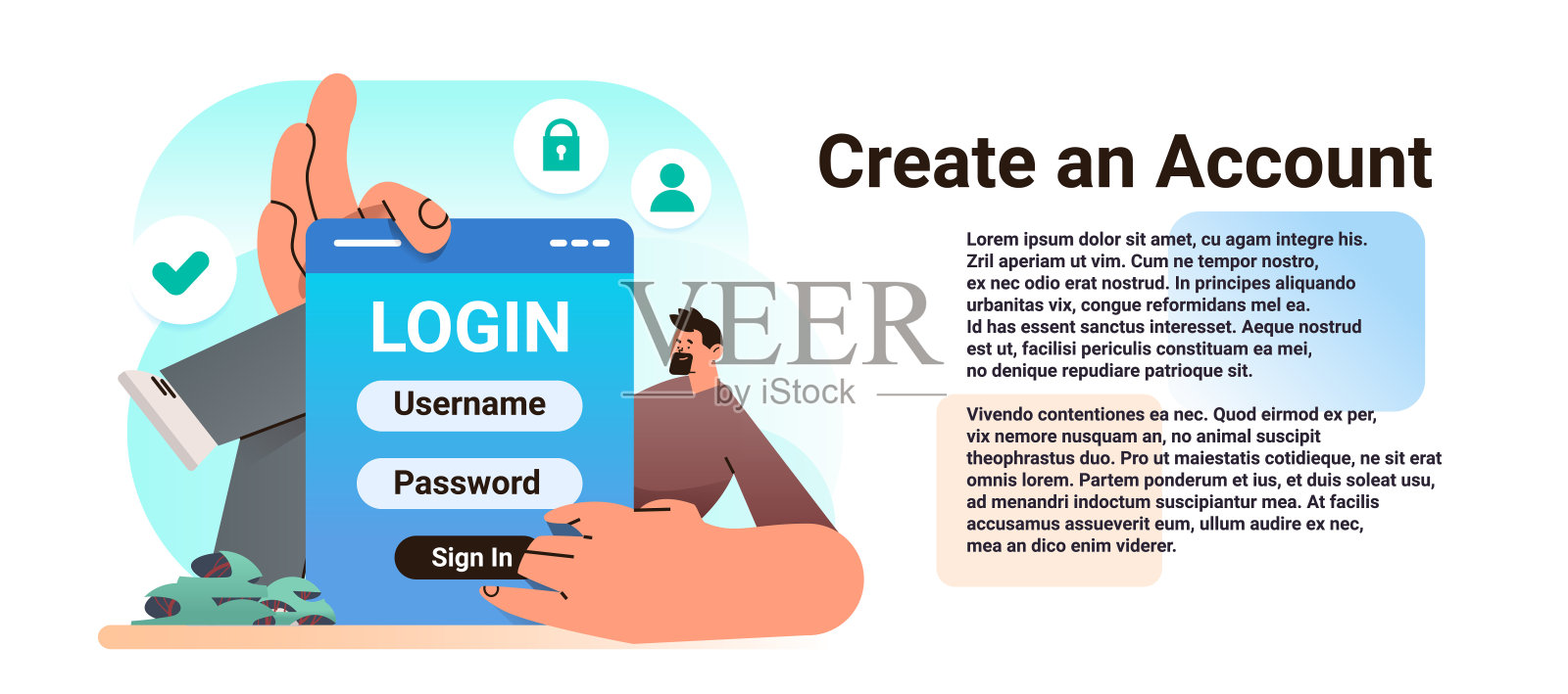 男子登录社交媒体应用程序的手机或电脑应用程序用户输入用户名和密码创建一个帐户插画图片素材