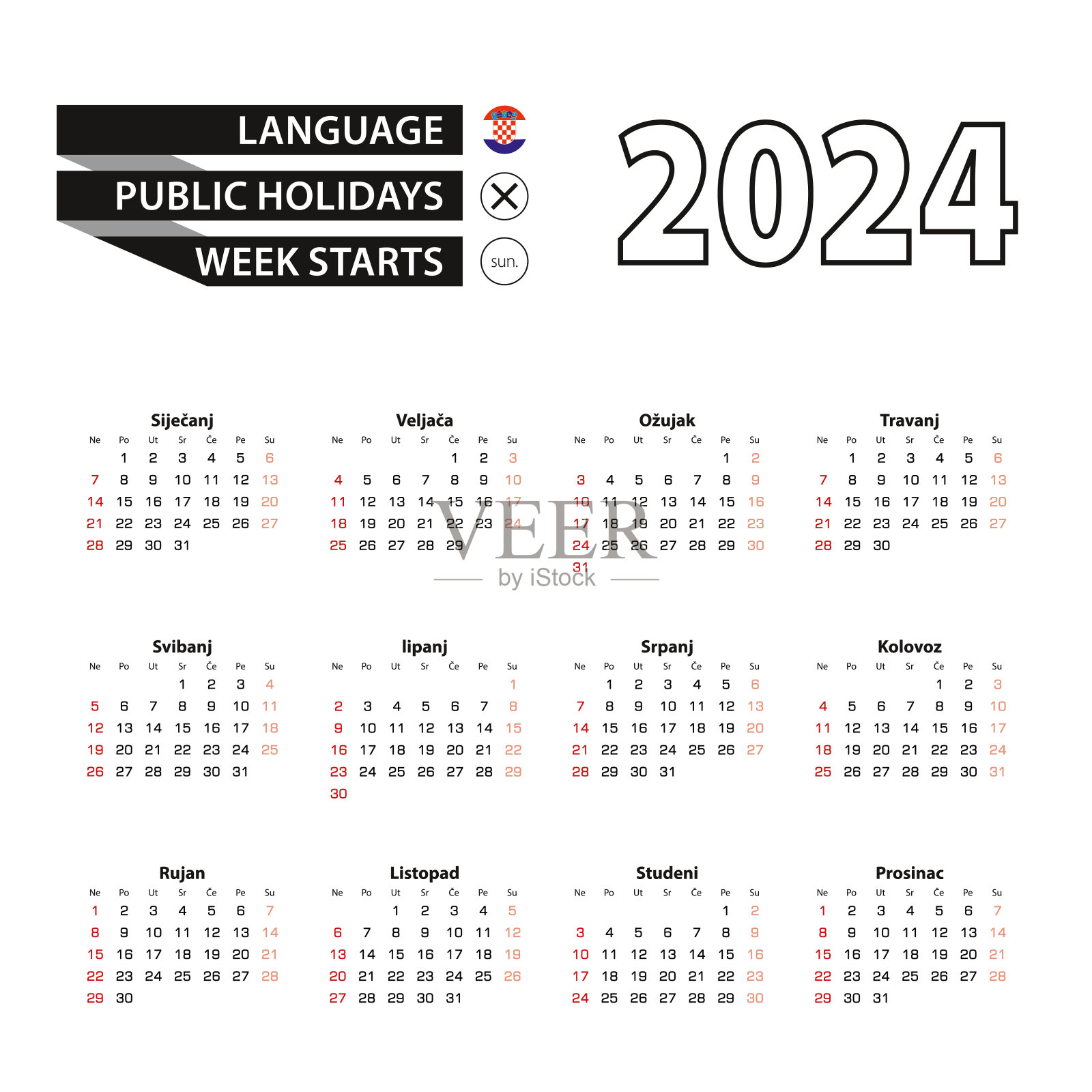 2024年克罗地亚语日历，一周从周日开始。插画图片素材