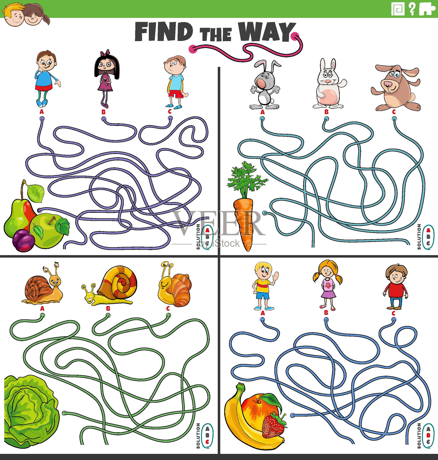 寻找迷宫的方式设置与儿童和动物的游戏插画图片素材