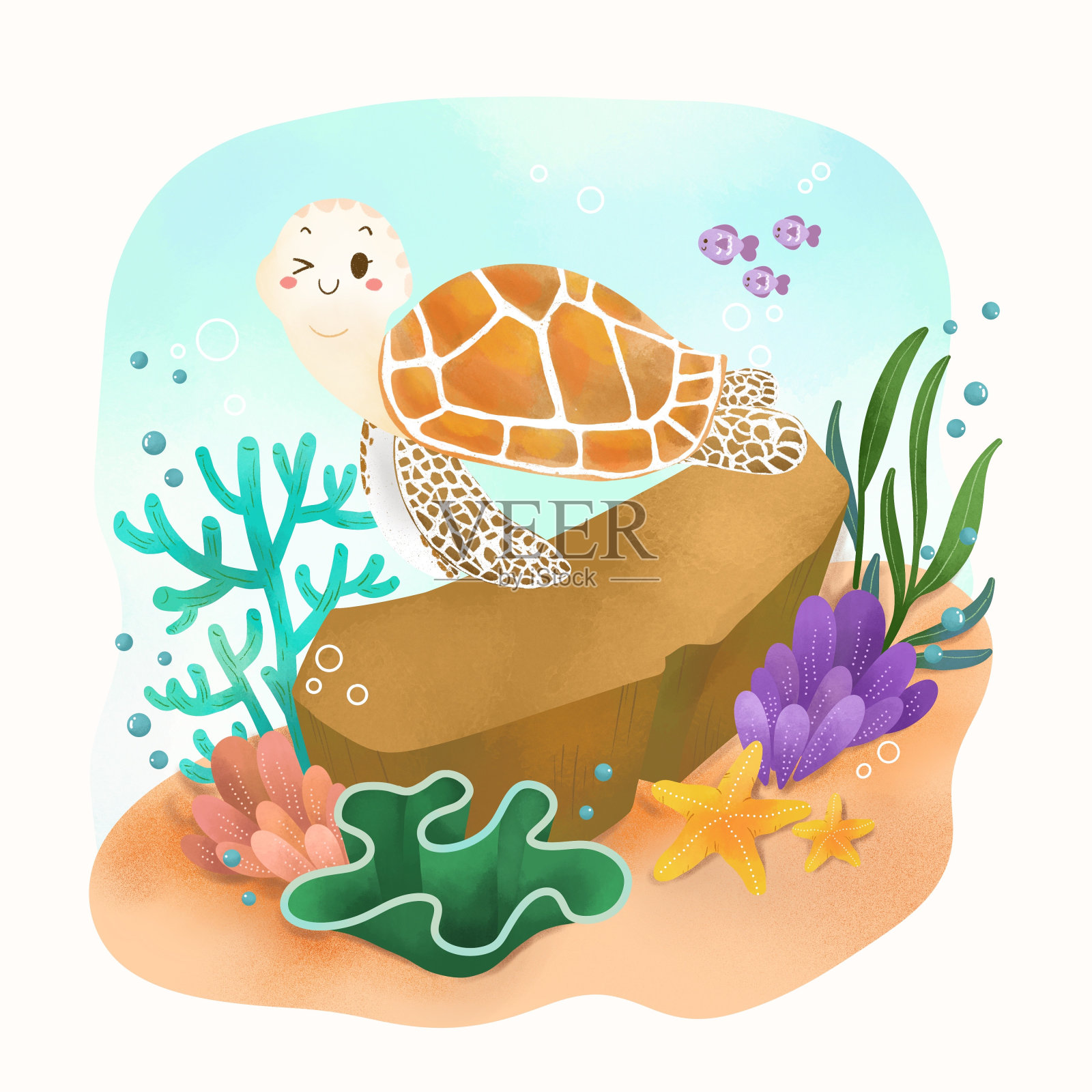 海底的海龟插画图片素材