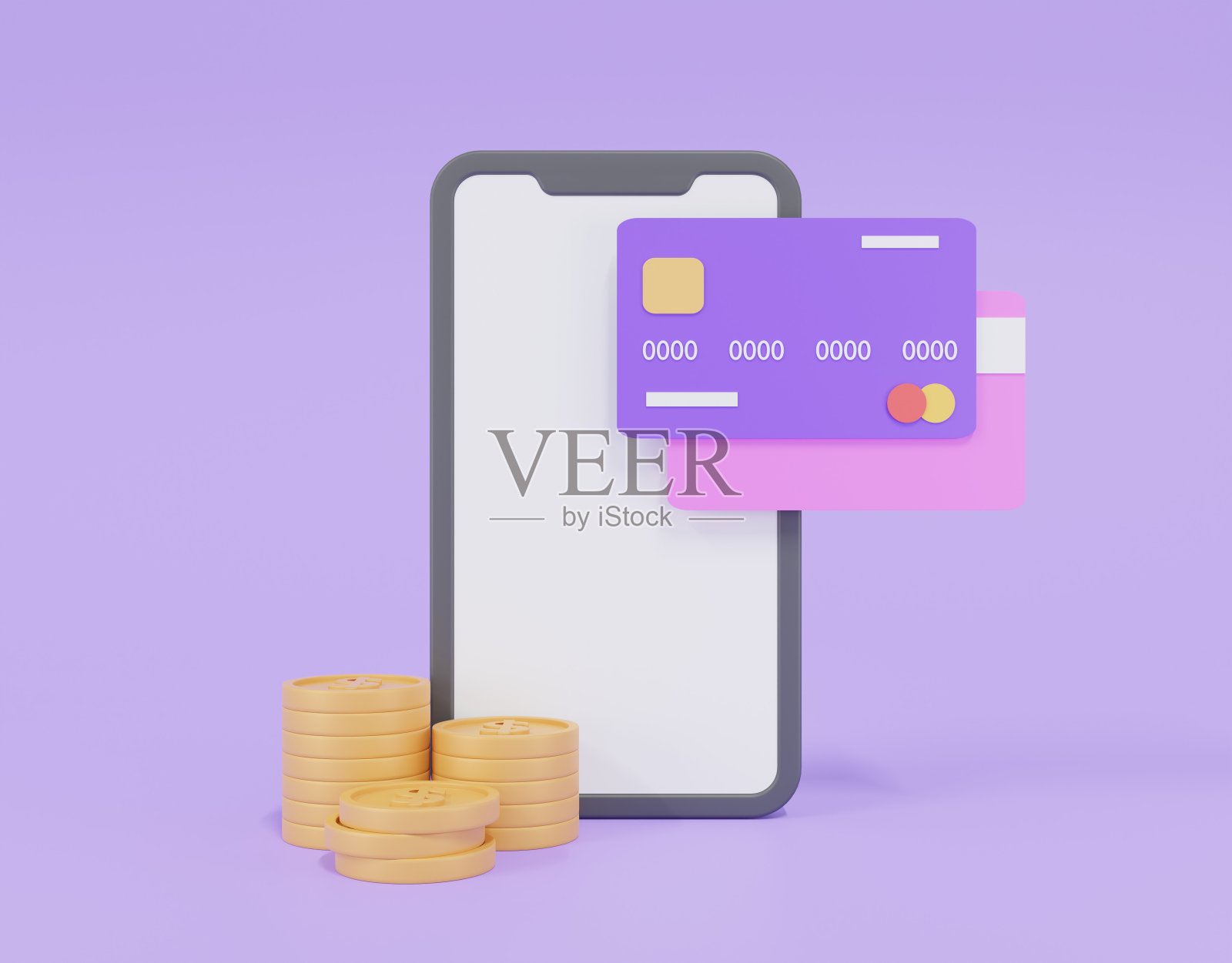 移动信用卡和硬币美元在紫色的背景。智能手机上的移动钱包。支付概念为网上购物，商业和金融，银行。带有信用卡图标的手机。3 d渲染,插图照片摄影图片
