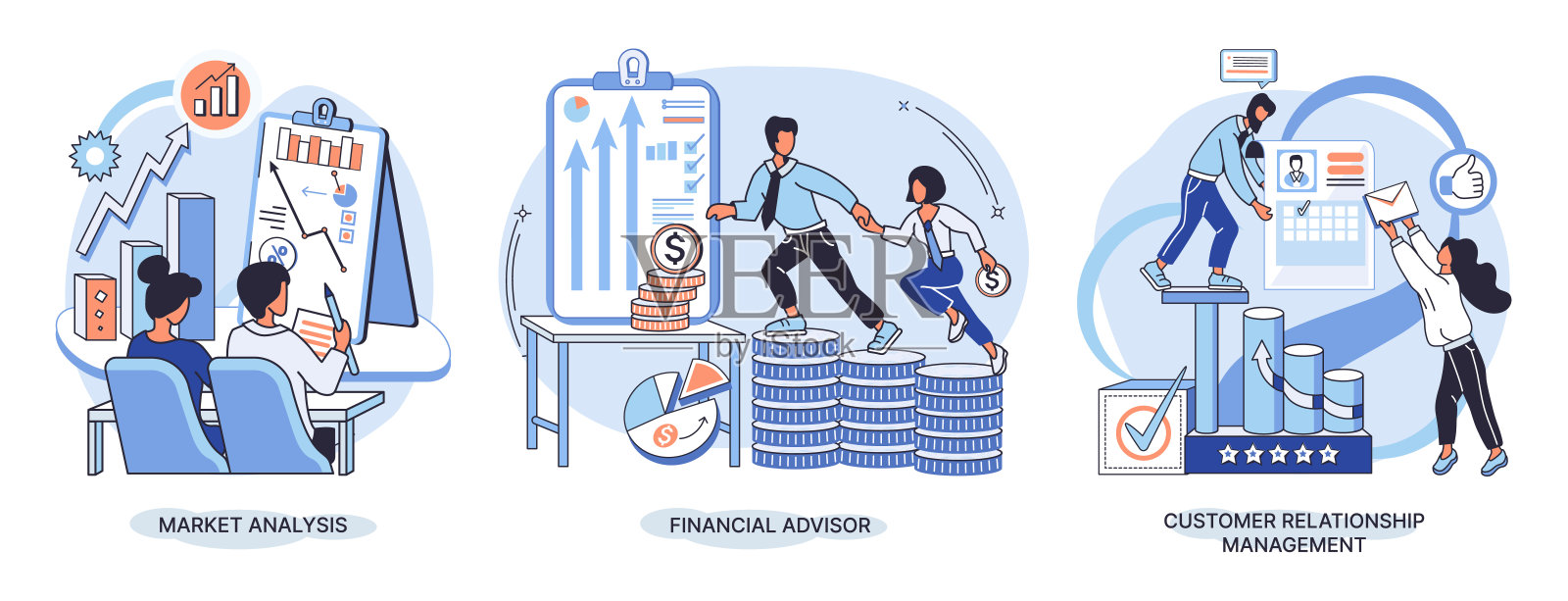 市场统计分析隐喻、理财顾问、客户关系管理等业务主题集插画图片素材