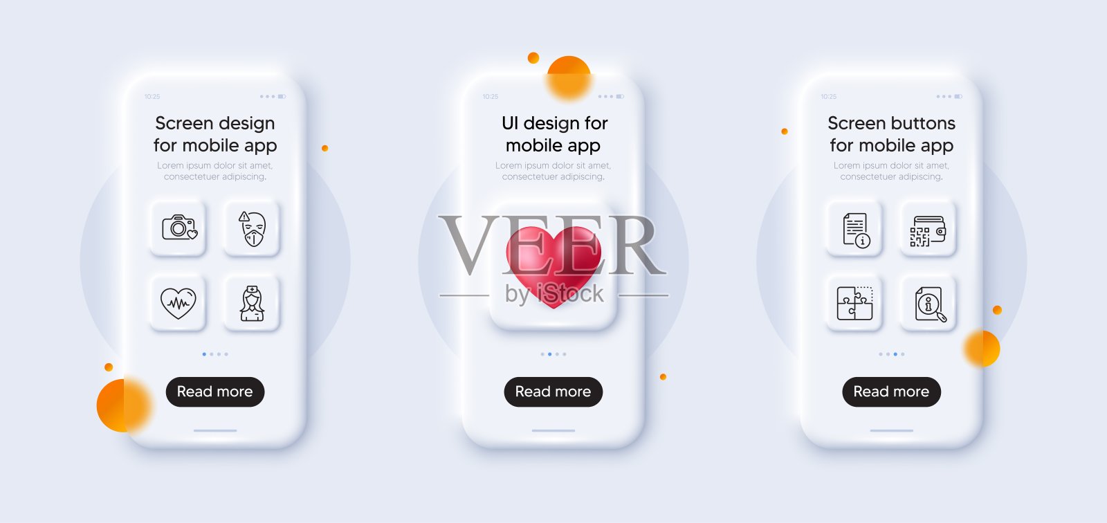 搜索，手动和照片相机线图标包。用于web应用程序。3d手机模型。向量插画图片素材