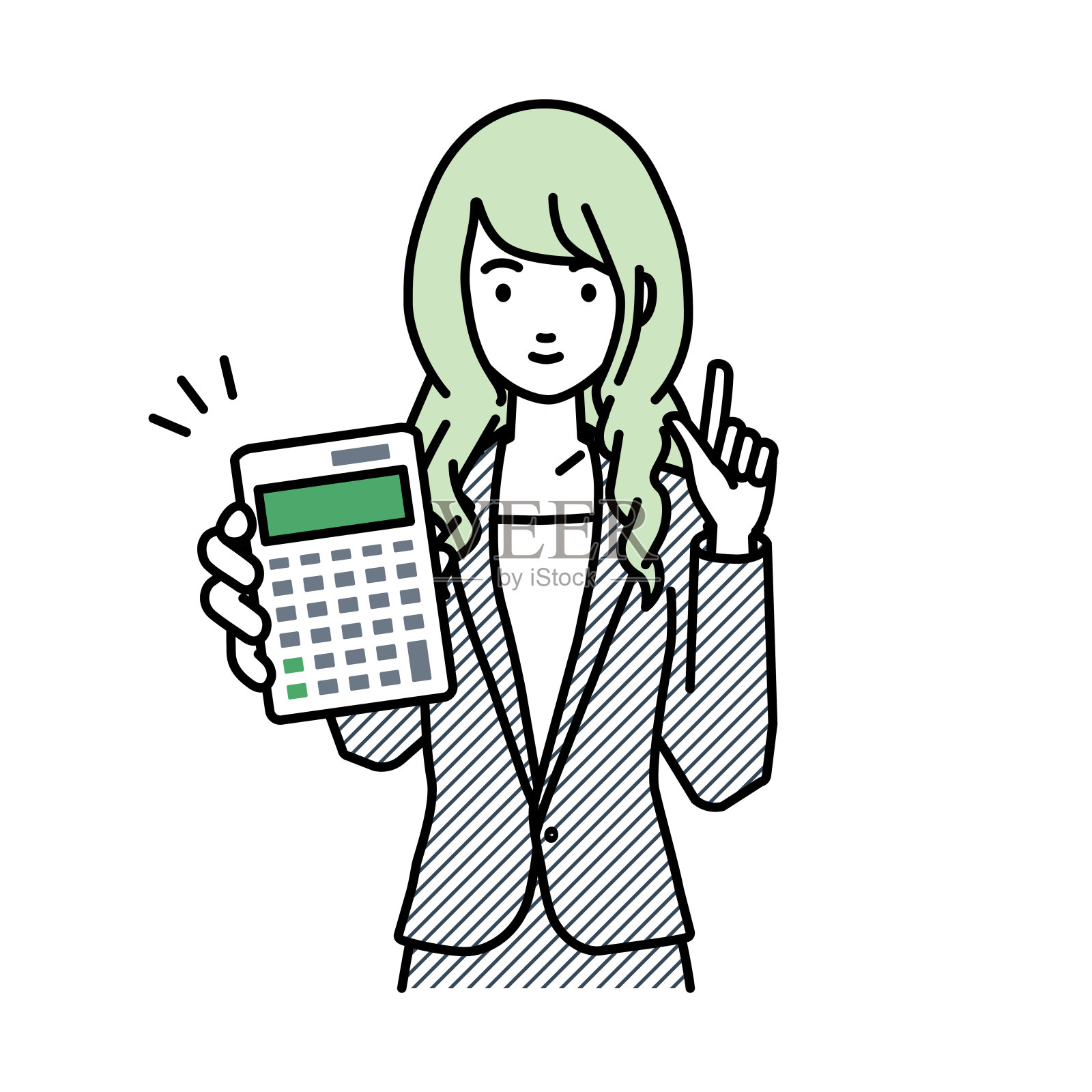 一位身着西装的女士面带微笑地推荐、提议、展示估价并指着计算器插画图片素材