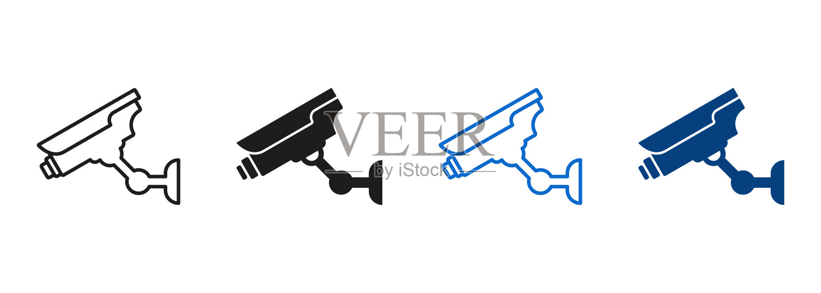 监控，监控电子系统。控制街道设备。安全视频摄像机线和轮廓图标集。监控安全防护标志收集。孤立矢量图插画图片素材