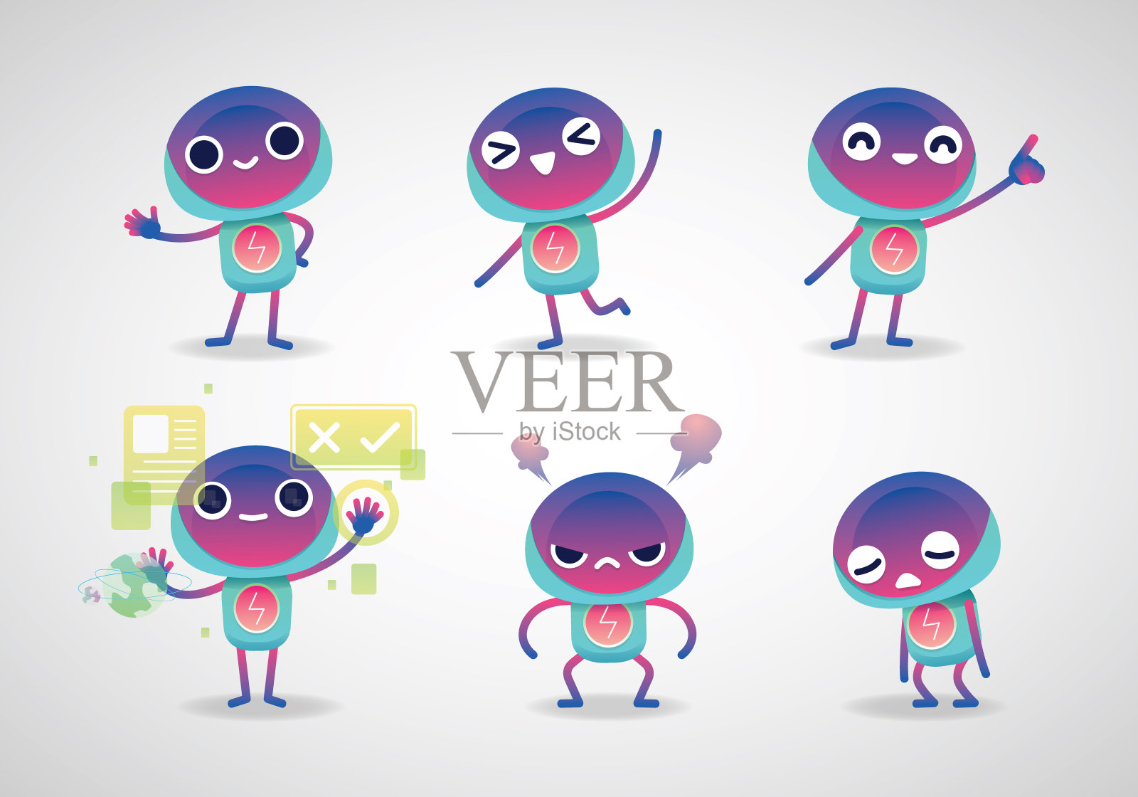 最小的现代彩色机器人吉祥物套装插画图片素材