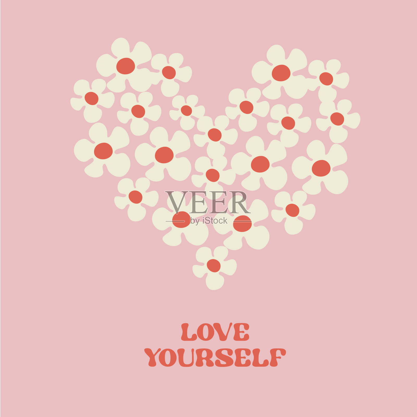 动机卡设计与文字爱自己和心形花在Groovy风格的粉红色背景插画图片素材