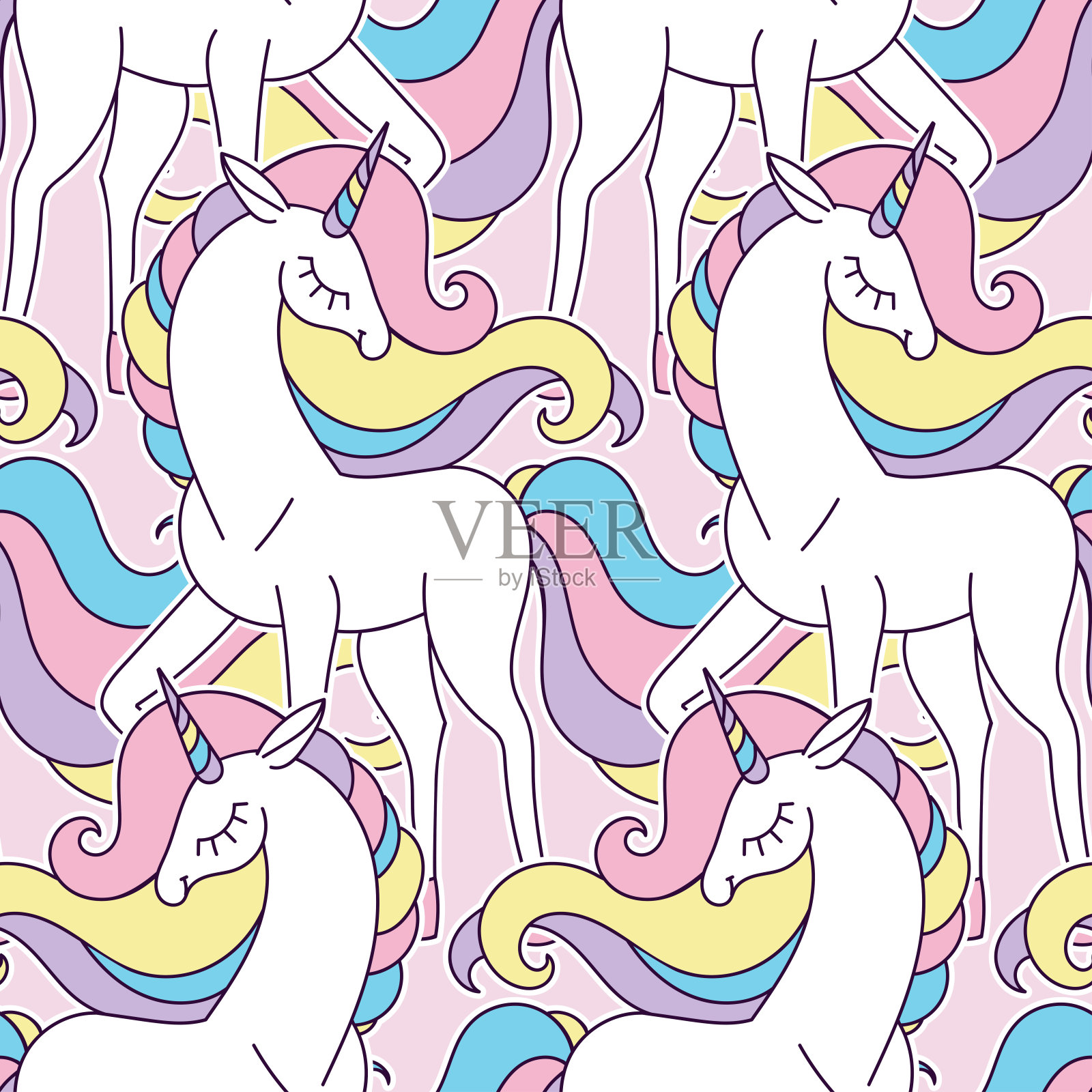 无缝图案与白色，美丽，独角兽。向量插画图片素材