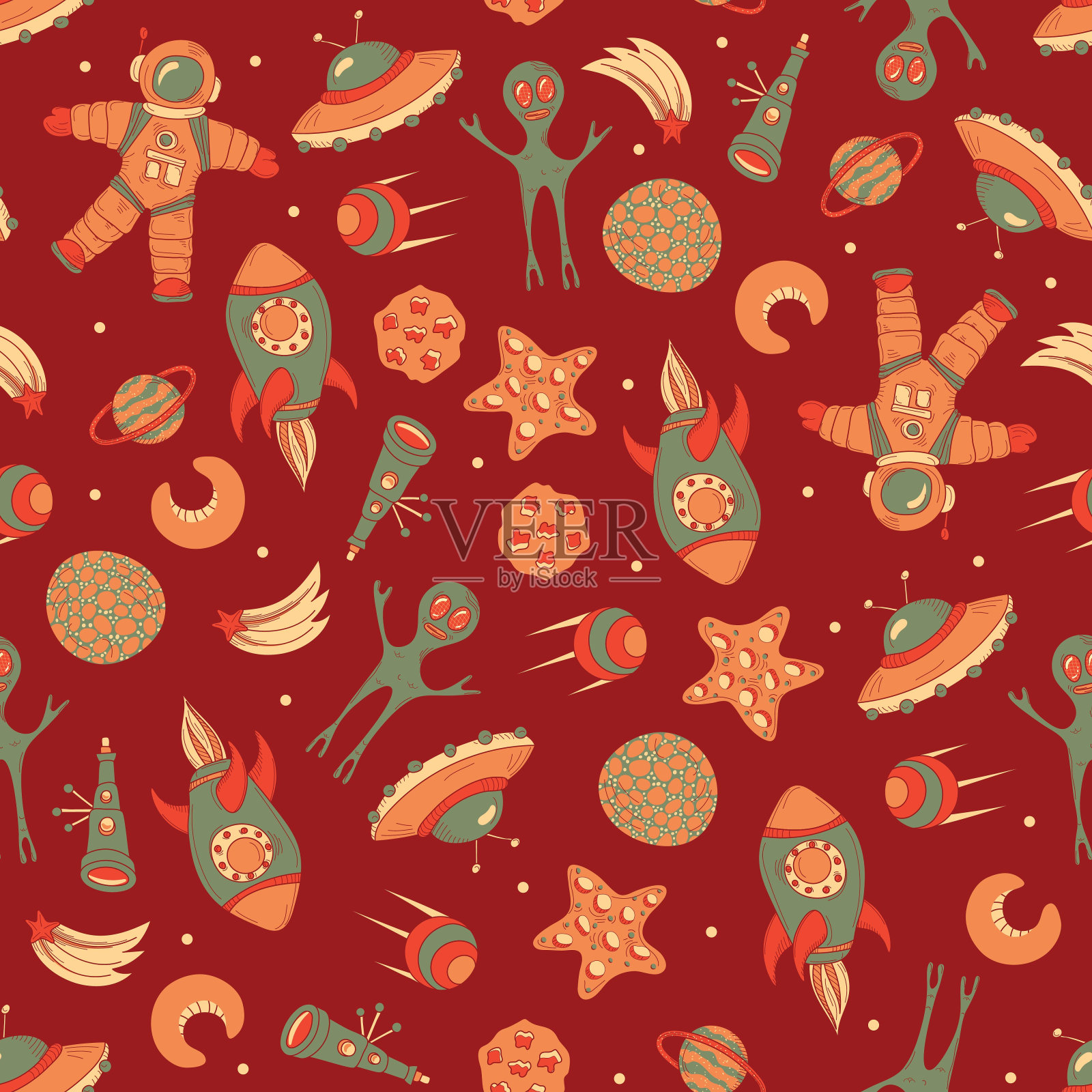 空间和航天插图。手绘背景为孩子们。卡通火箭，行星，星星，宇航员。有趣的画海报，横幅，印刷品，服装。矢量图插画图片素材