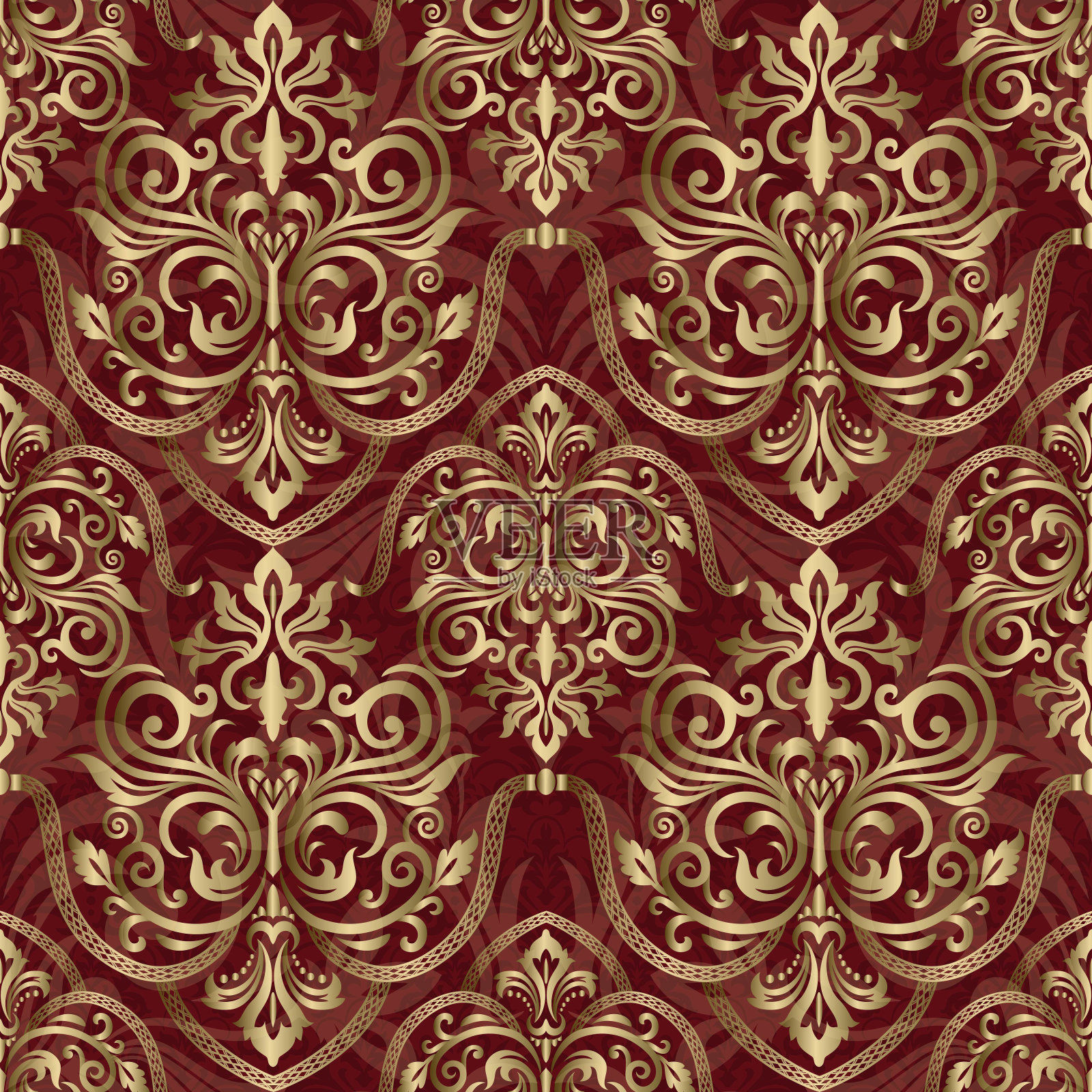 巴洛克风格的红色金色大马士革图案插画图片素材
