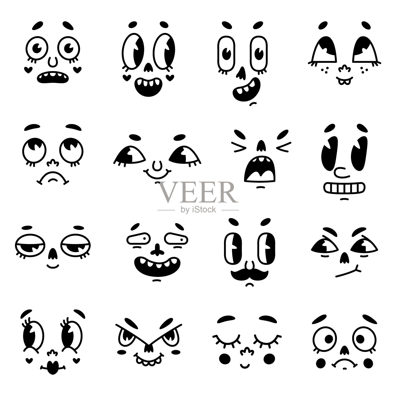 复古卡通吉祥物的脸有眼睛和嘴巴插画图片素材