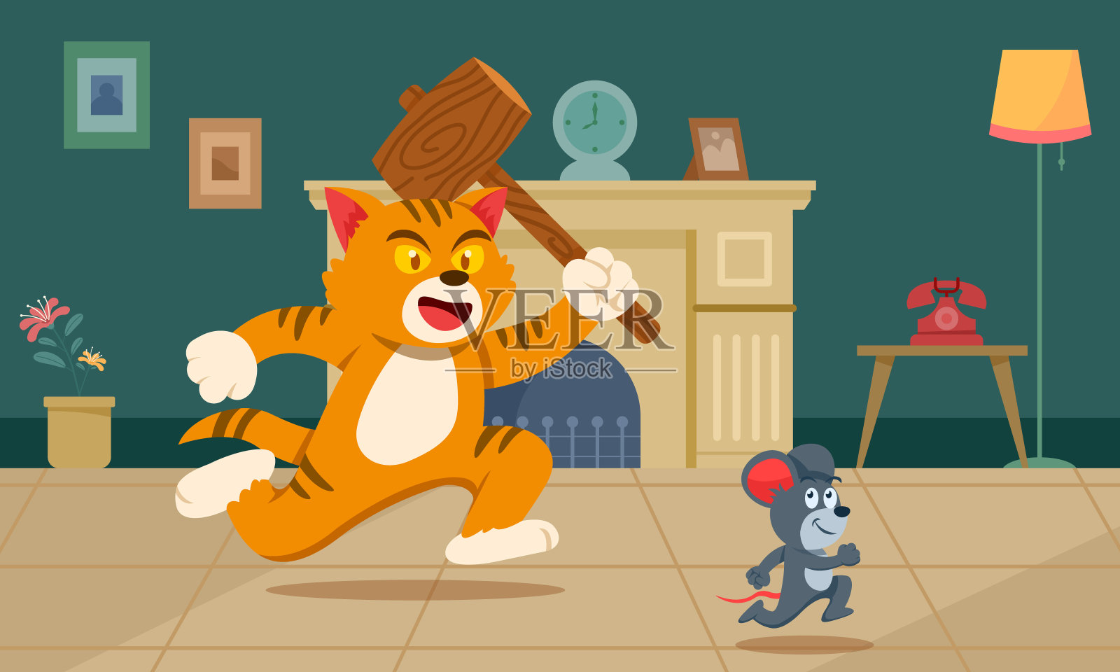 橙猫追老鼠插画图片素材