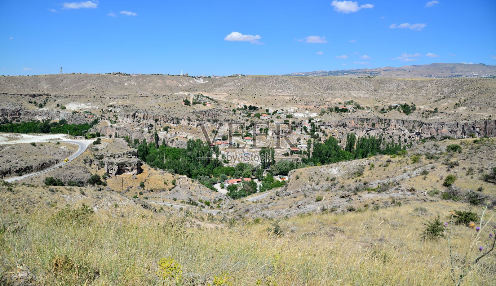 一个宽阔的山谷，有许多高大的树木和一座红屋顶的建筑照片摄影图片