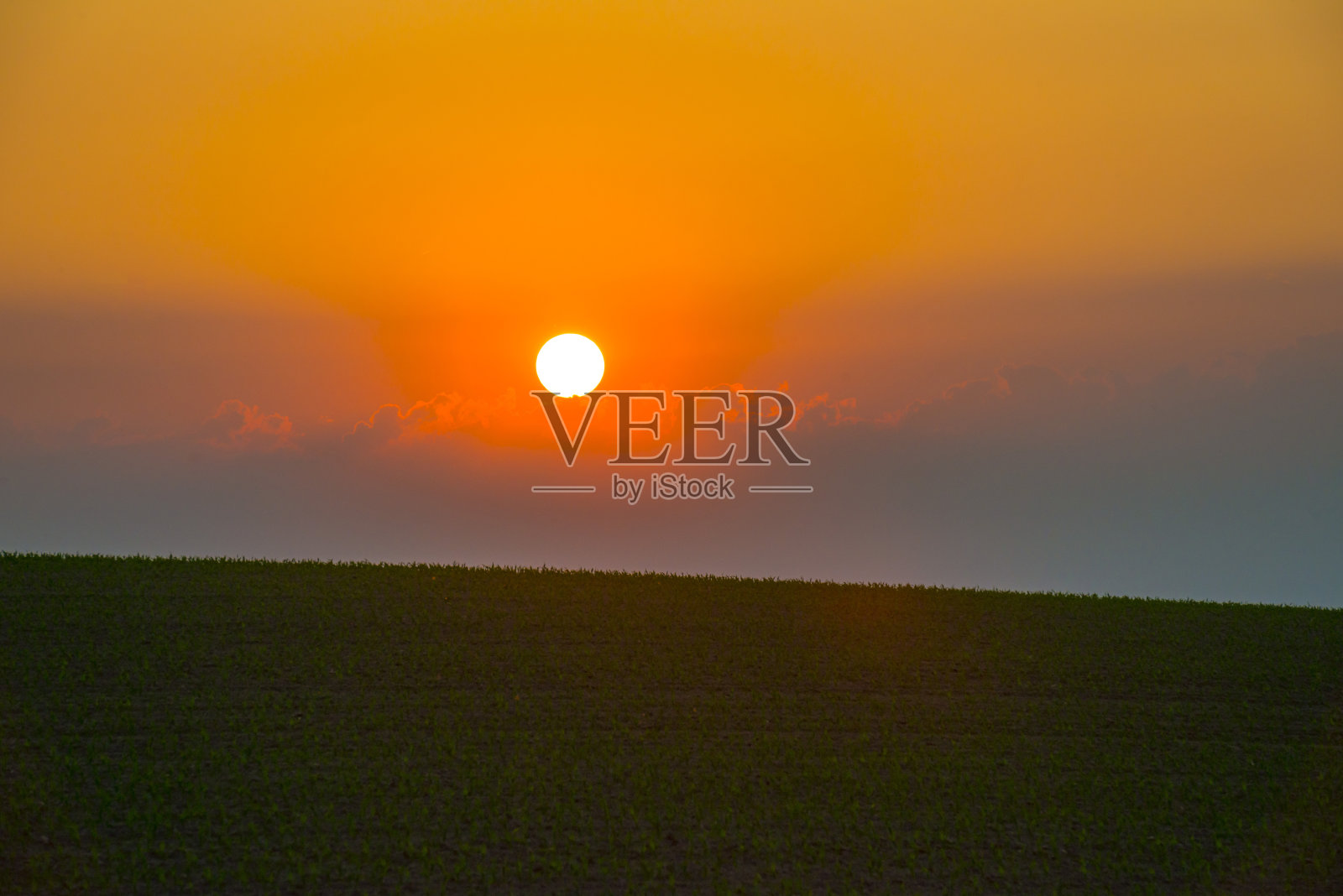在春天的阳光下，五彩缤纷的天空下，绿色的丘陵景观中的田野和树木上的日落照片摄影图片