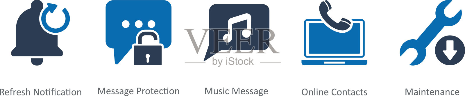 一组5个联系人图标作为刷新通知，消息保护，音乐消息图标素材