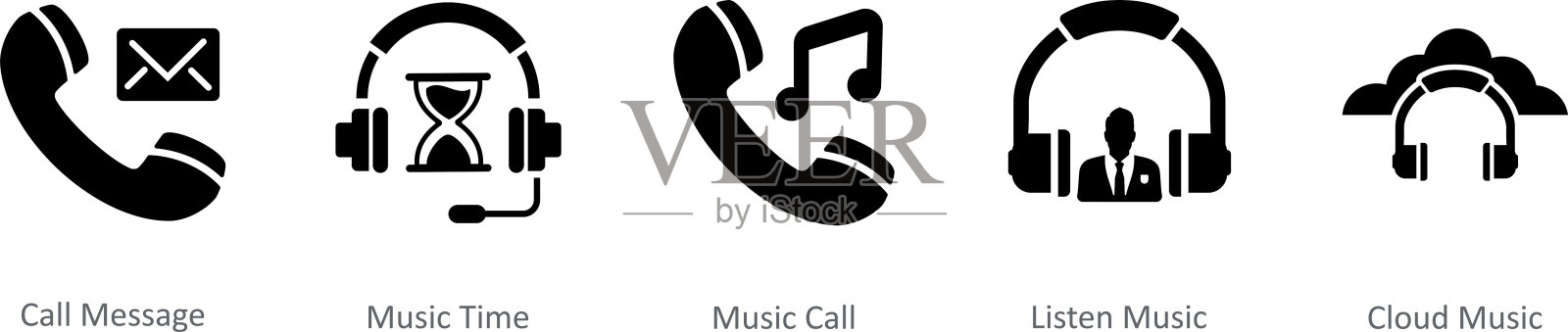 一组5个联系人图标作为呼叫消息，音乐时间，音乐呼叫图标素材