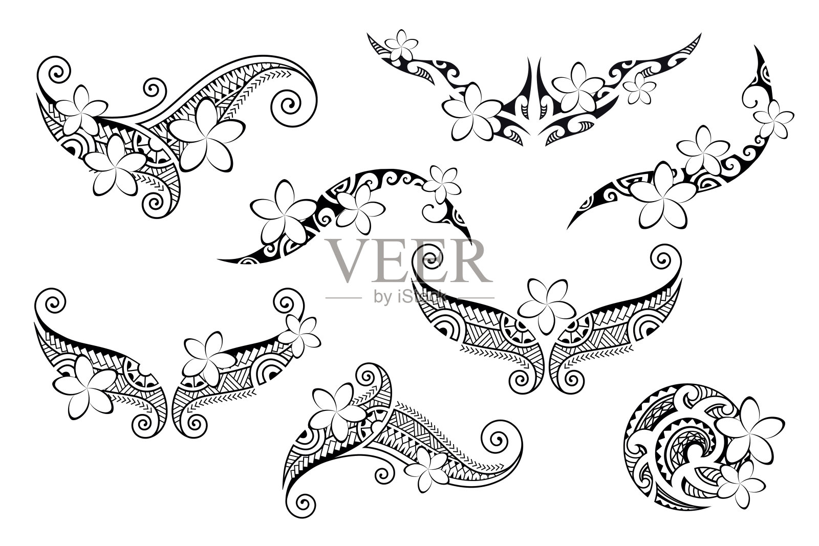 一套毛利风格的纹身。东方民族装饰用凤仙花装饰。插画图片素材