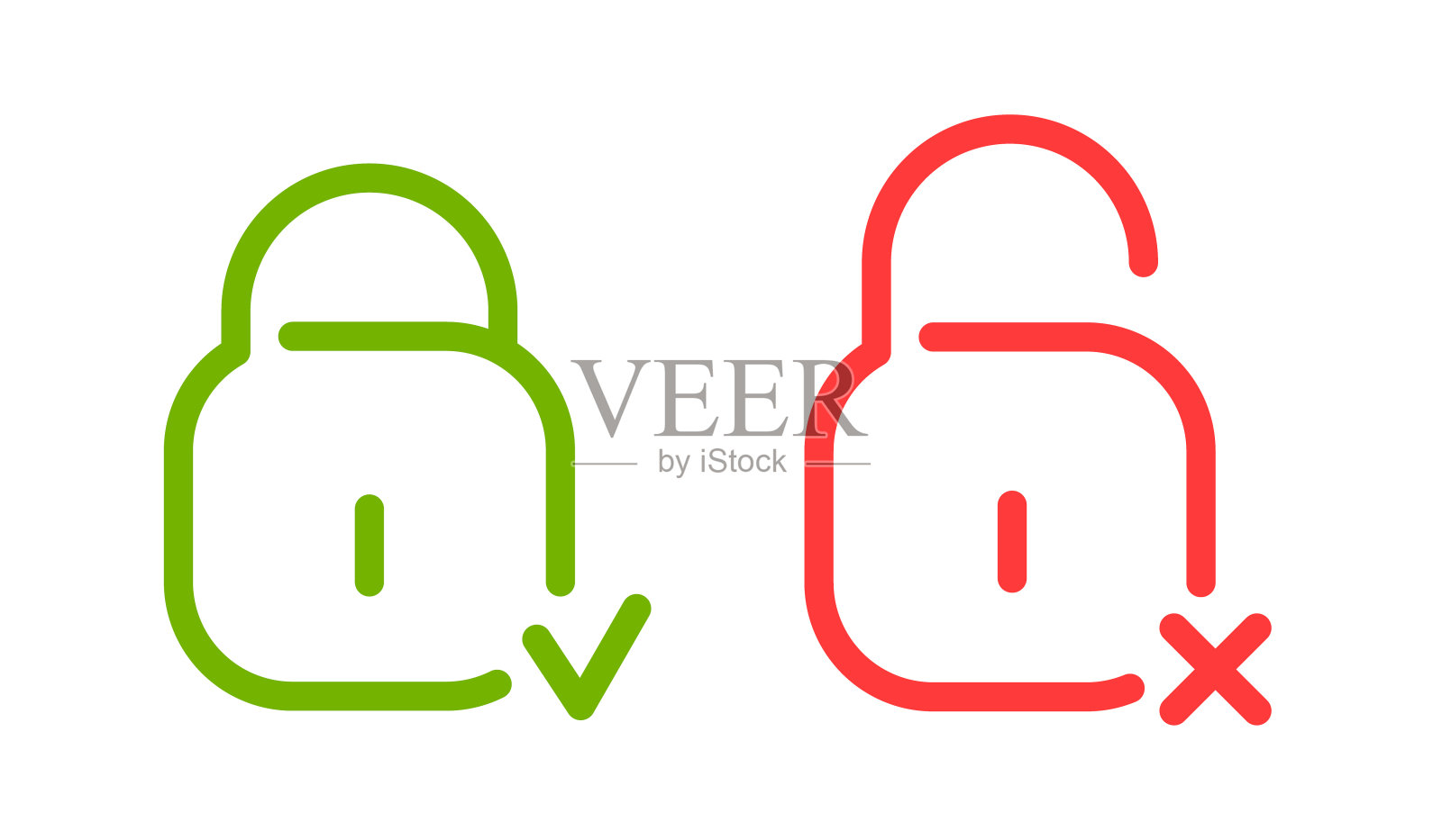 锁定和解锁图标。带有勾勾和叉的挂锁。打开和关闭挂锁。保护和安全锁。矢量插图。图标素材