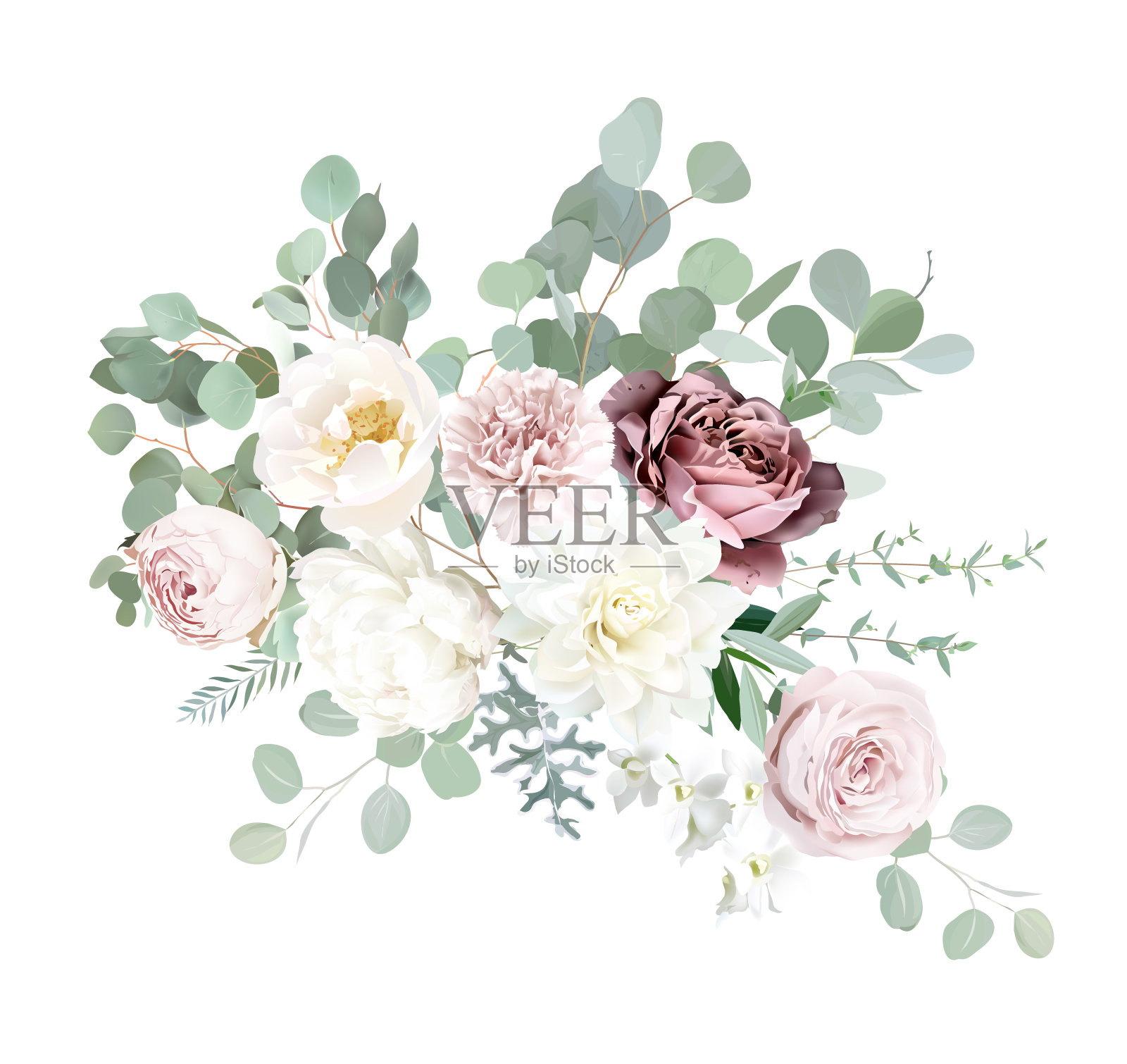 银鼠尾草绿色和腮红粉红色的花矢量设计花束。淡紫色玫瑰，白色大丽花，康乃馨插画图片素材