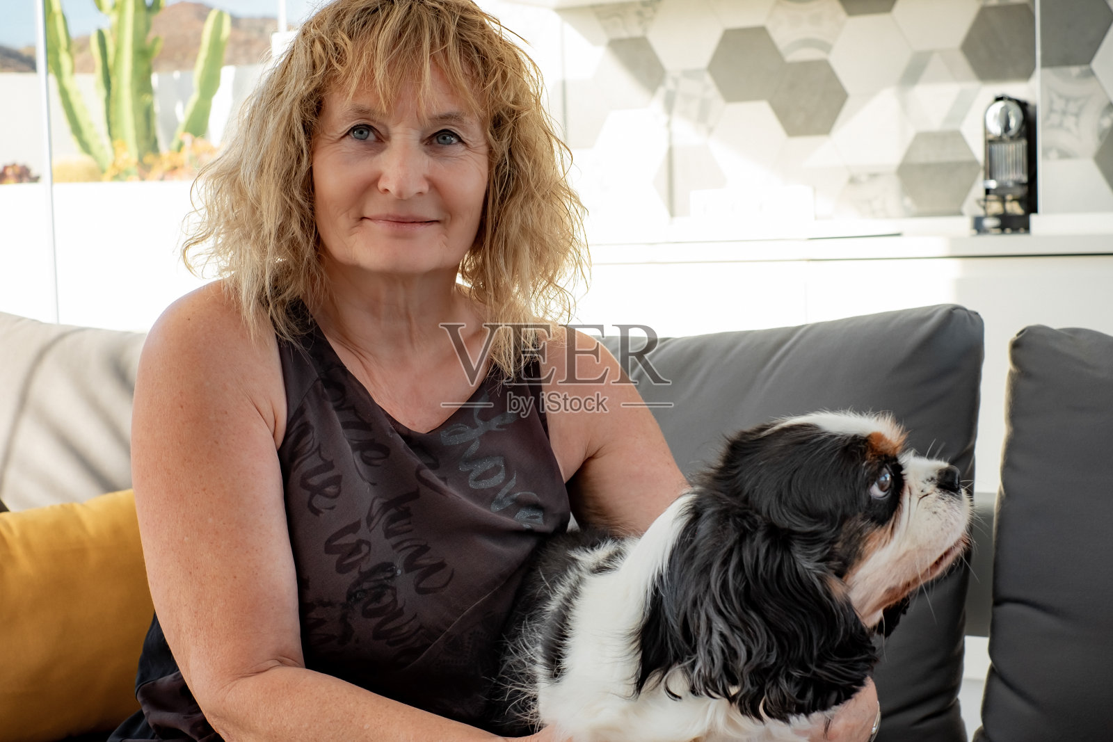 可爱的骑士查尔斯国王猎犬和他的女主人坐在家里的画像照片摄影图片