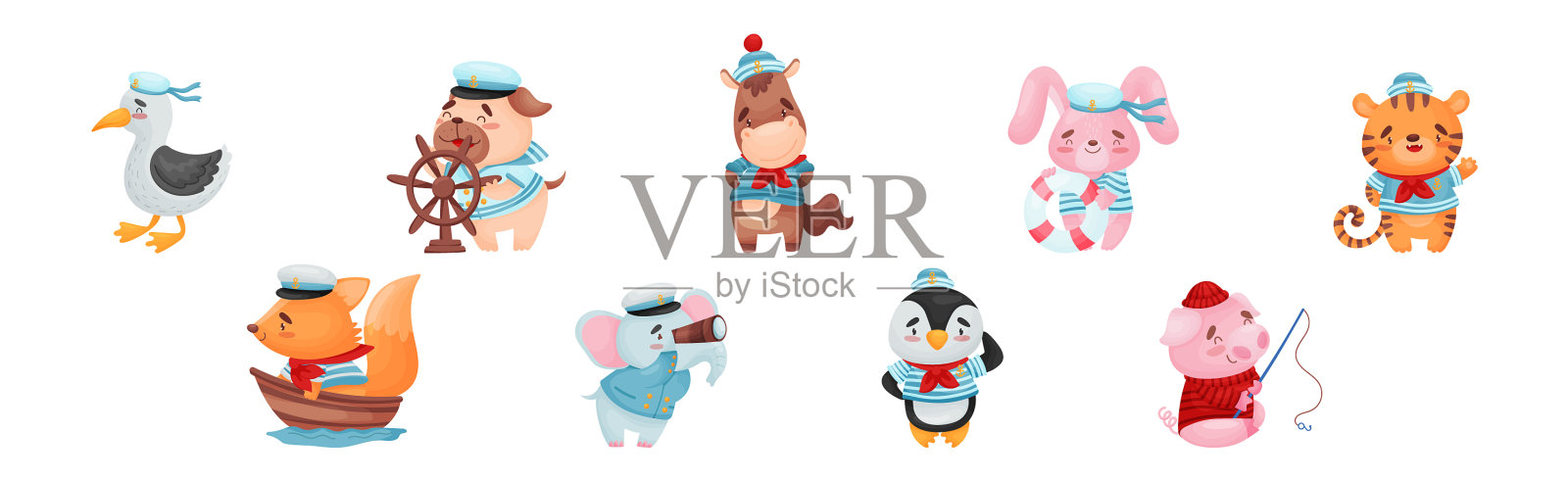 戴着帽子和条纹衬衫的滑稽动物水手插画图片素材