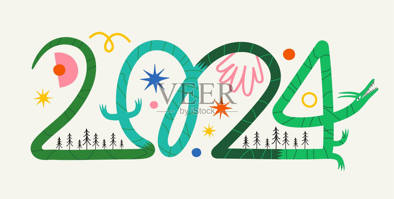 矢量插图与彩色龙，松树，星星和抽象元素。插画图片素材