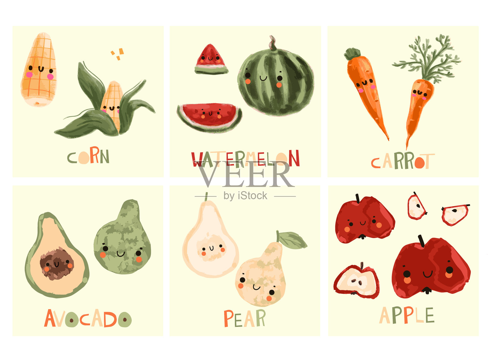 可爱的矢量插图与水果和蔬菜。插画图片素材