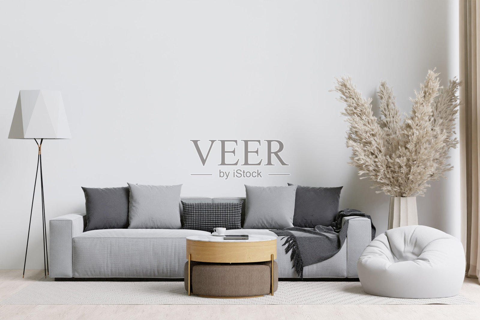 现代客厅有灰色的沙发，豆袋，和咖啡桌。3 d渲染。照片摄影图片