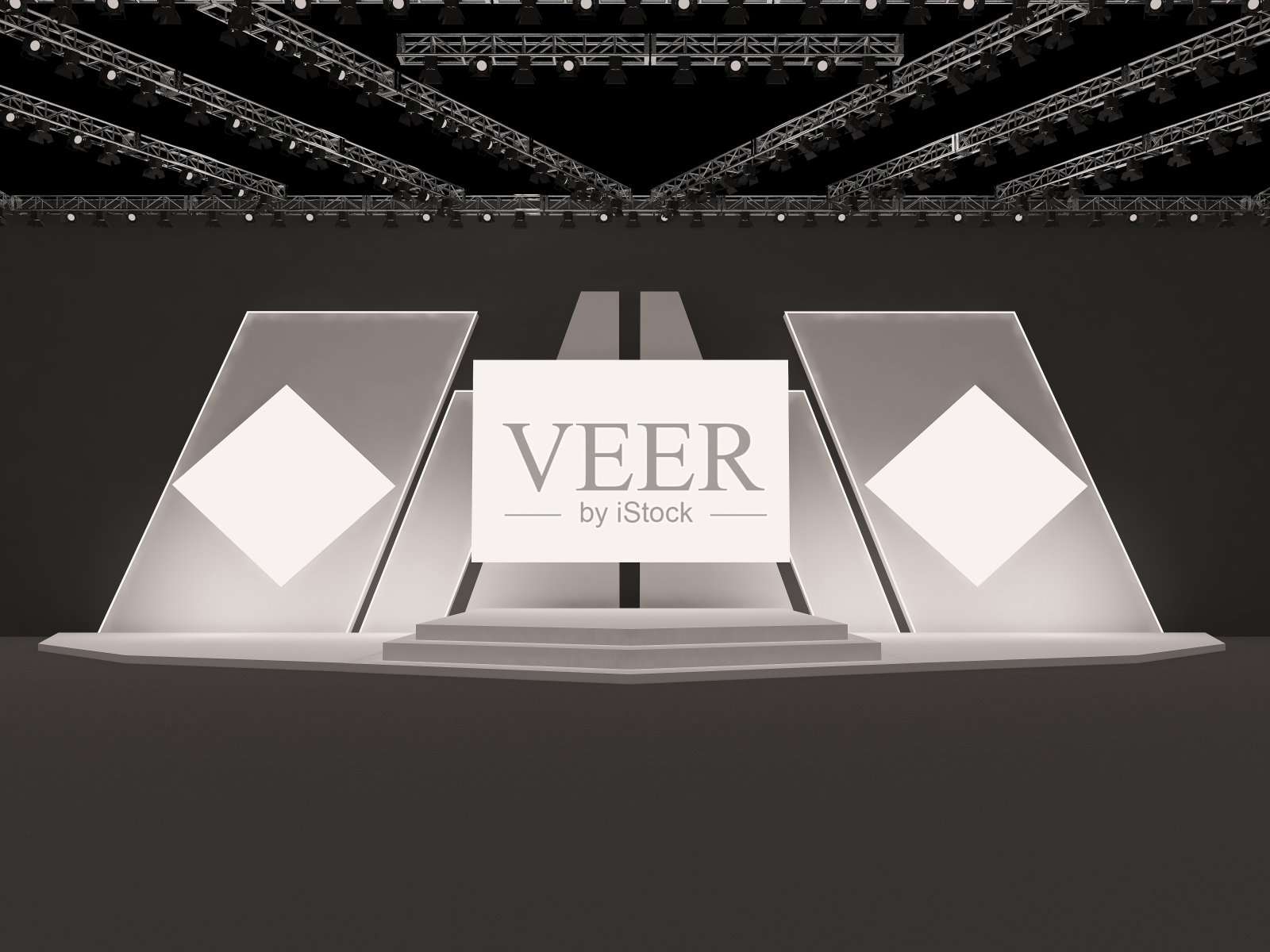 活动舞台有一个大的中心矩形投影屏幕和两个侧面方形屏幕。前视图。定制的设计。三维渲染图照片摄影图片