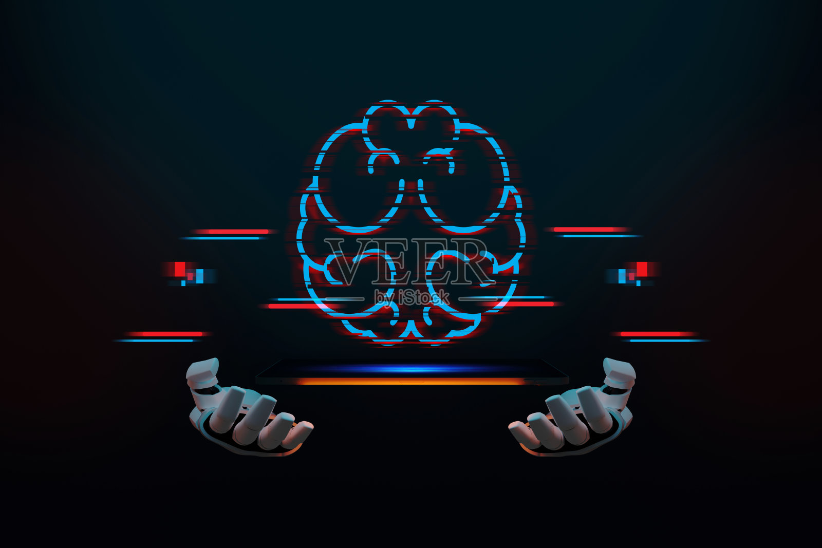 人工智能机器学习商业互联网技术概念。电路板形状的电子大脑和回，符号ai悬挂在机器人手上。三维演示照片摄影图片