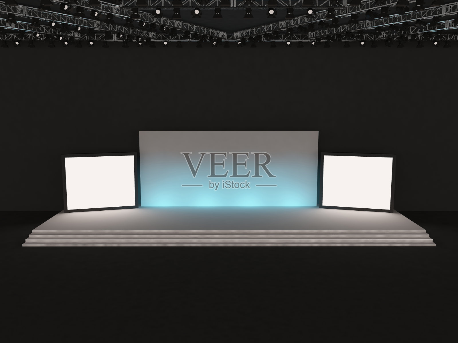 空的舞台前视图。有一个用于投影的矩形屏幕和两个侧面的方形led屏幕和一个天花板聚光灯系统。大厅里的平台元素。三维渲染图照片摄影图片