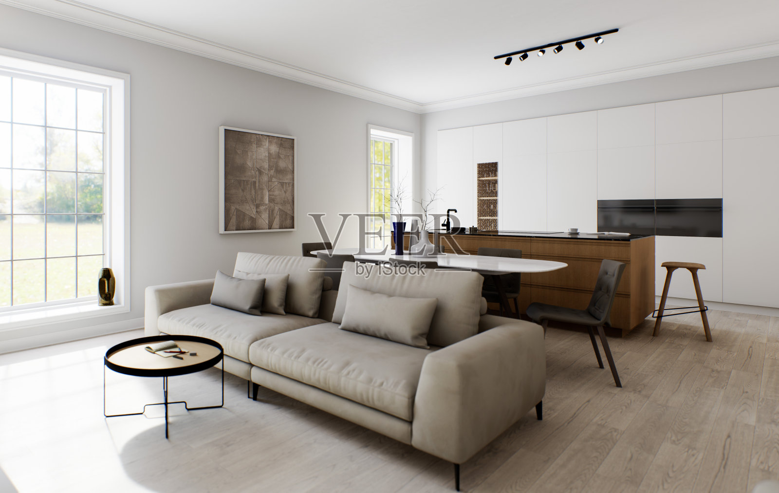 一个带有木制岛台的极简主义厨房工作室的内部。厨房配有酒吧凳和黑色大理石顶，配有大窗户和电器。岛上有黑色的水龙头和炉子。三维渲染照片摄影图片