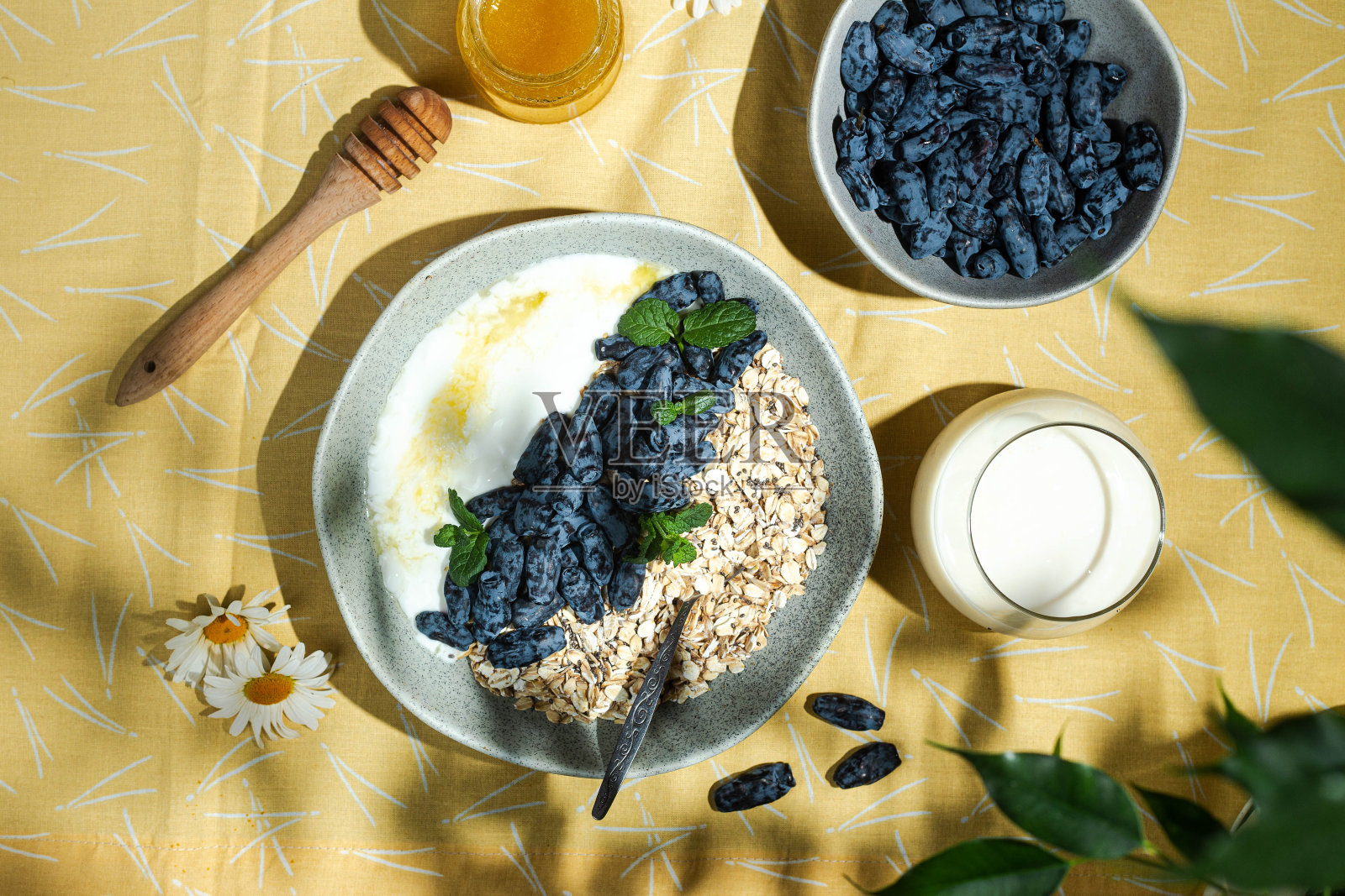 燕麦片，酸奶和金银花在碗里照片摄影图片