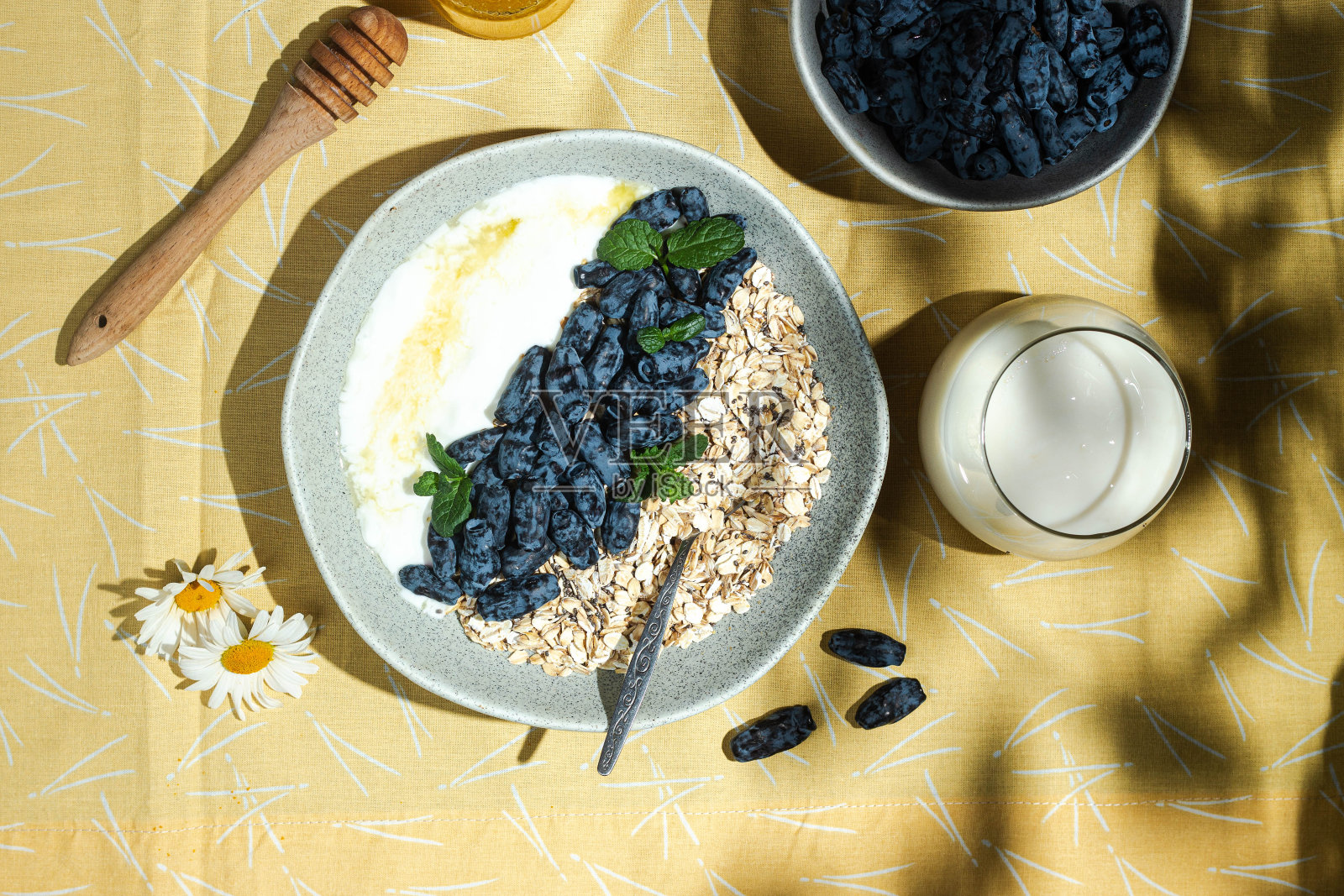 燕麦片，酸奶和金银花在碗里照片摄影图片