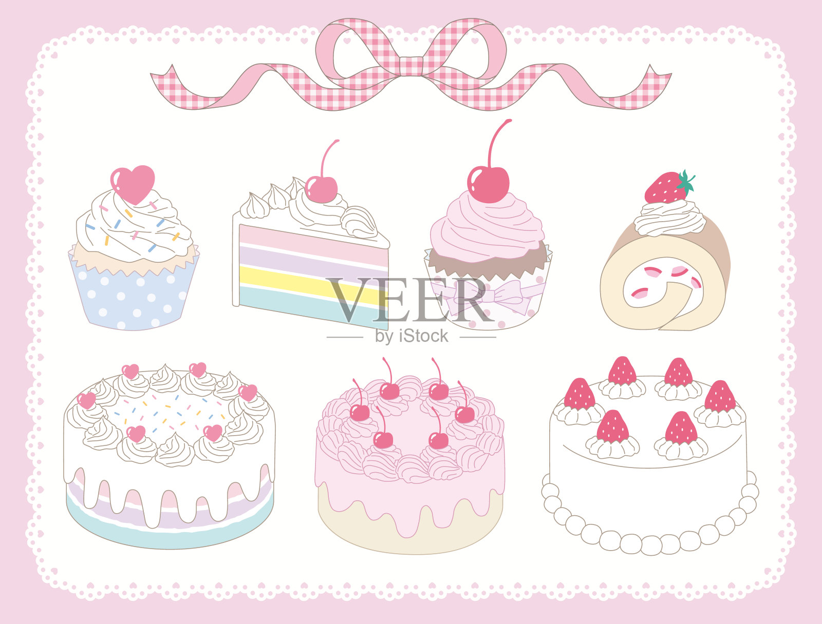 矢量插图集可爱的蛋糕使用鲜奶油，草莓和樱桃插画图片素材