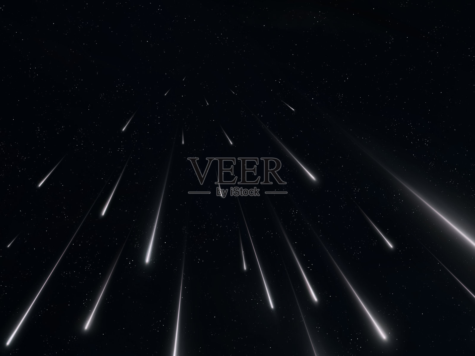 夜空中的星雨。一股流星流到达了地球。照片摄影图片