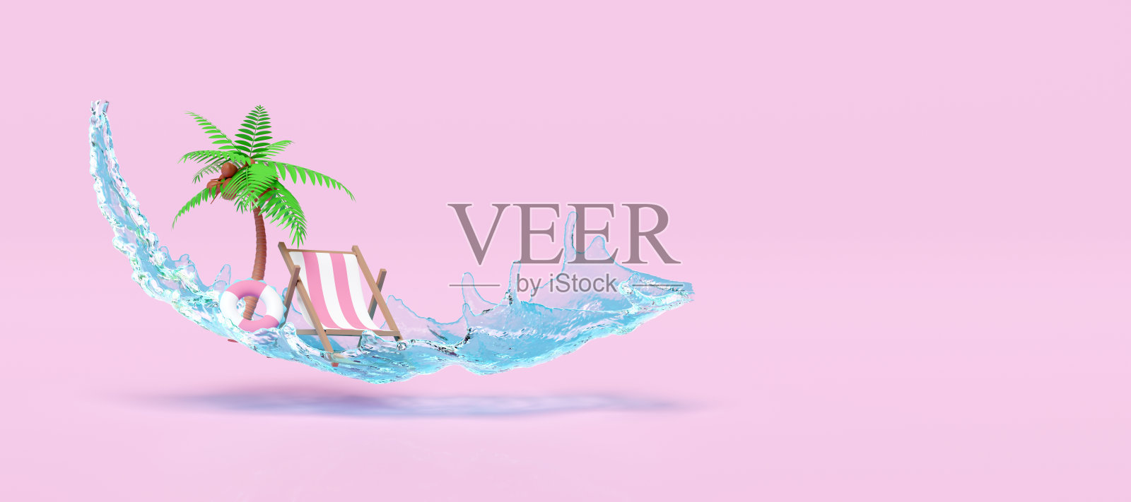 水溅沙滩椅，棕榈树，救生圈，空间隔离在粉红色的背景。夏季旅游概念，3d渲染插图照片摄影图片