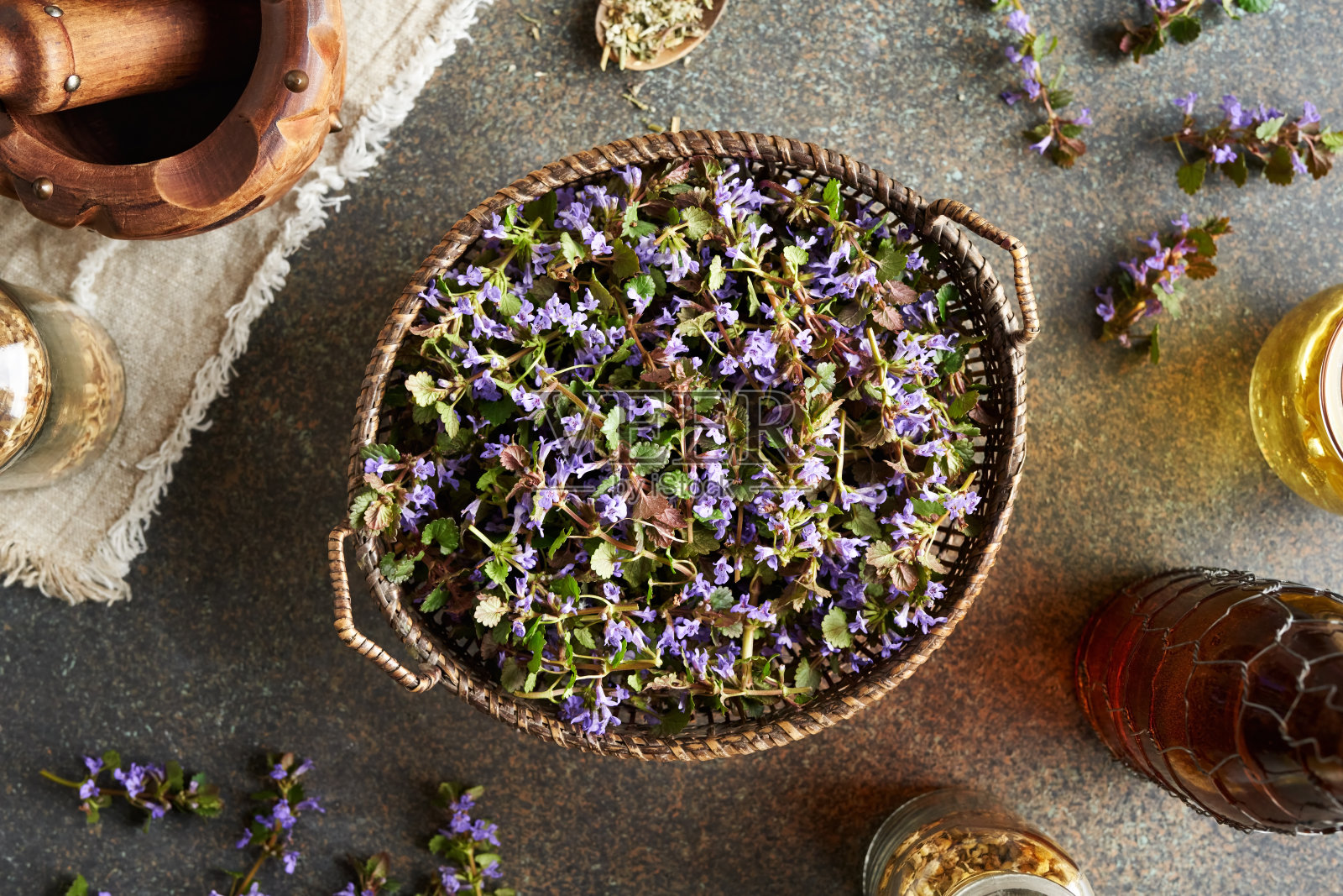 春天篮子里新鲜的常春藤花照片摄影图片