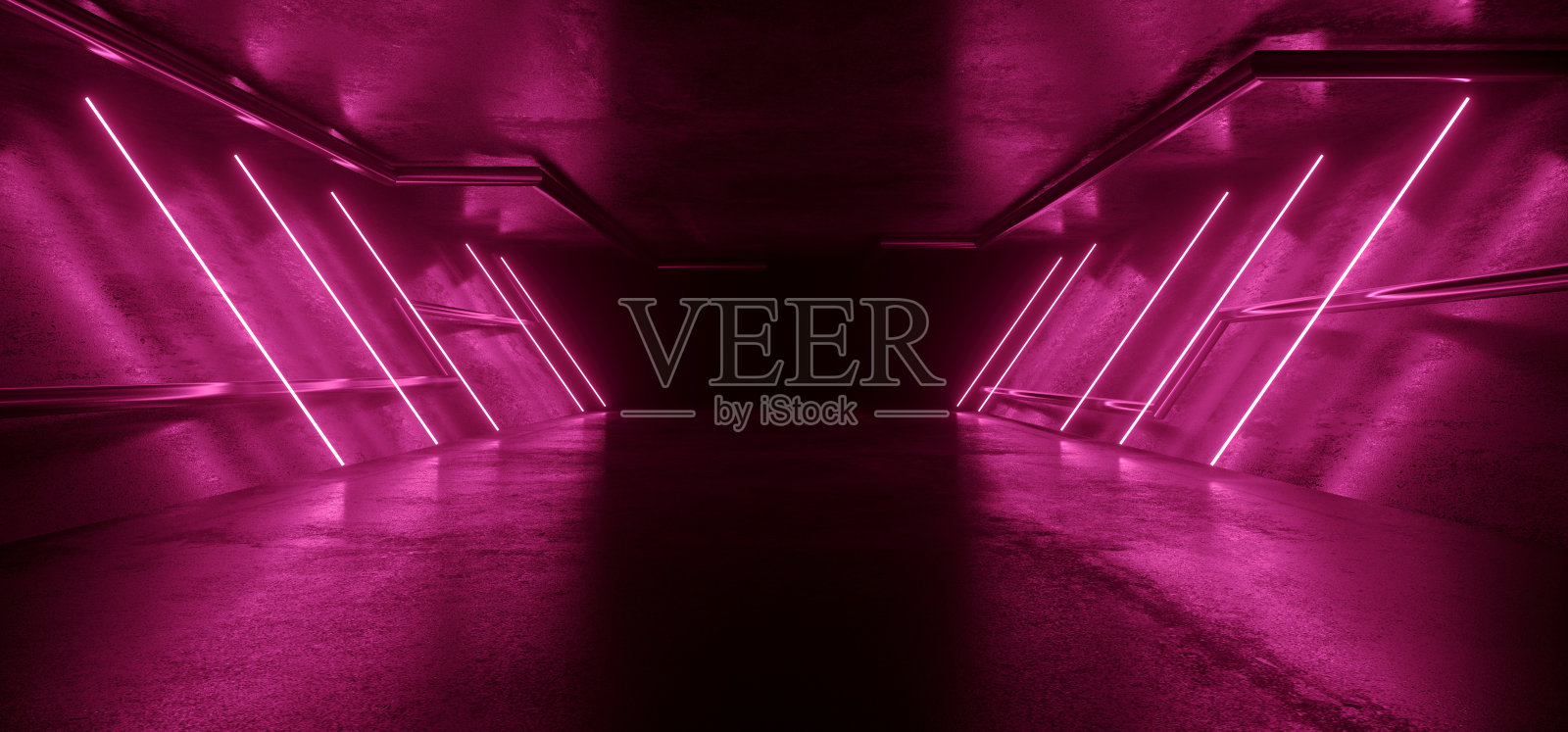 科幻未来主义霓虹灯三角形激光电子网络发光掩体紫光舞台车库机库走廊隧道水泥混凝土垃圾摇滚地下室俱乐部3D渲染照片摄影图片