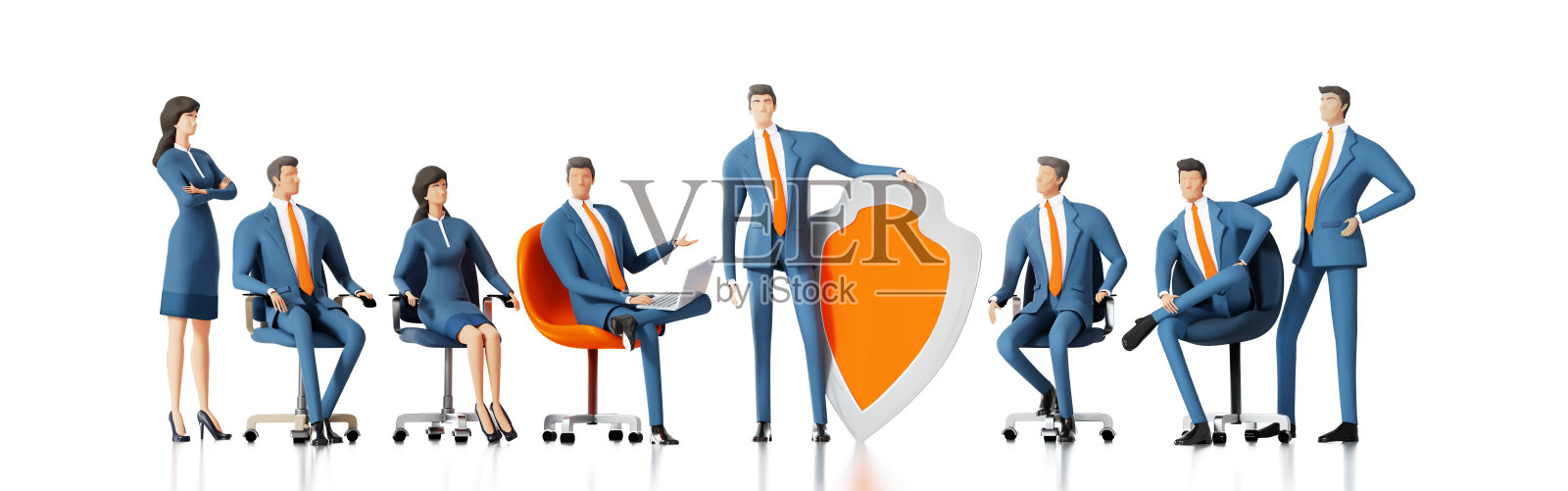 业务团队正在开会。商人站在盾牌旁边。成功商界人士讨论安全问题，保护数据，个人互联网保护概念3D渲染插画。插画图片素材