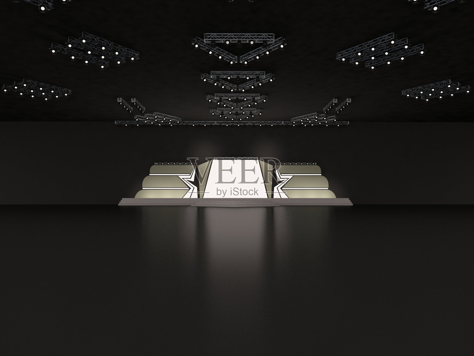 空的舞台正面视图，包括楼梯。有一个半星形的led屏幕用于投影和天花板聚光灯系统。定制的设计。大厅里的平台元素。三维渲染图照片摄影图片