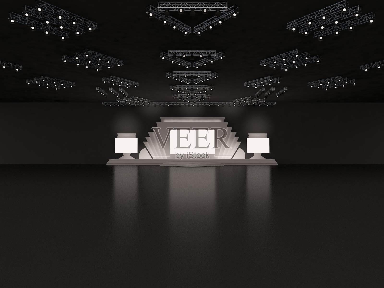活动空舞台设计与楼梯正面视图。中心矩形led屏幕投影加上两面led，和天花板聚光灯系统。室内大厅。三维渲染图照片摄影图片