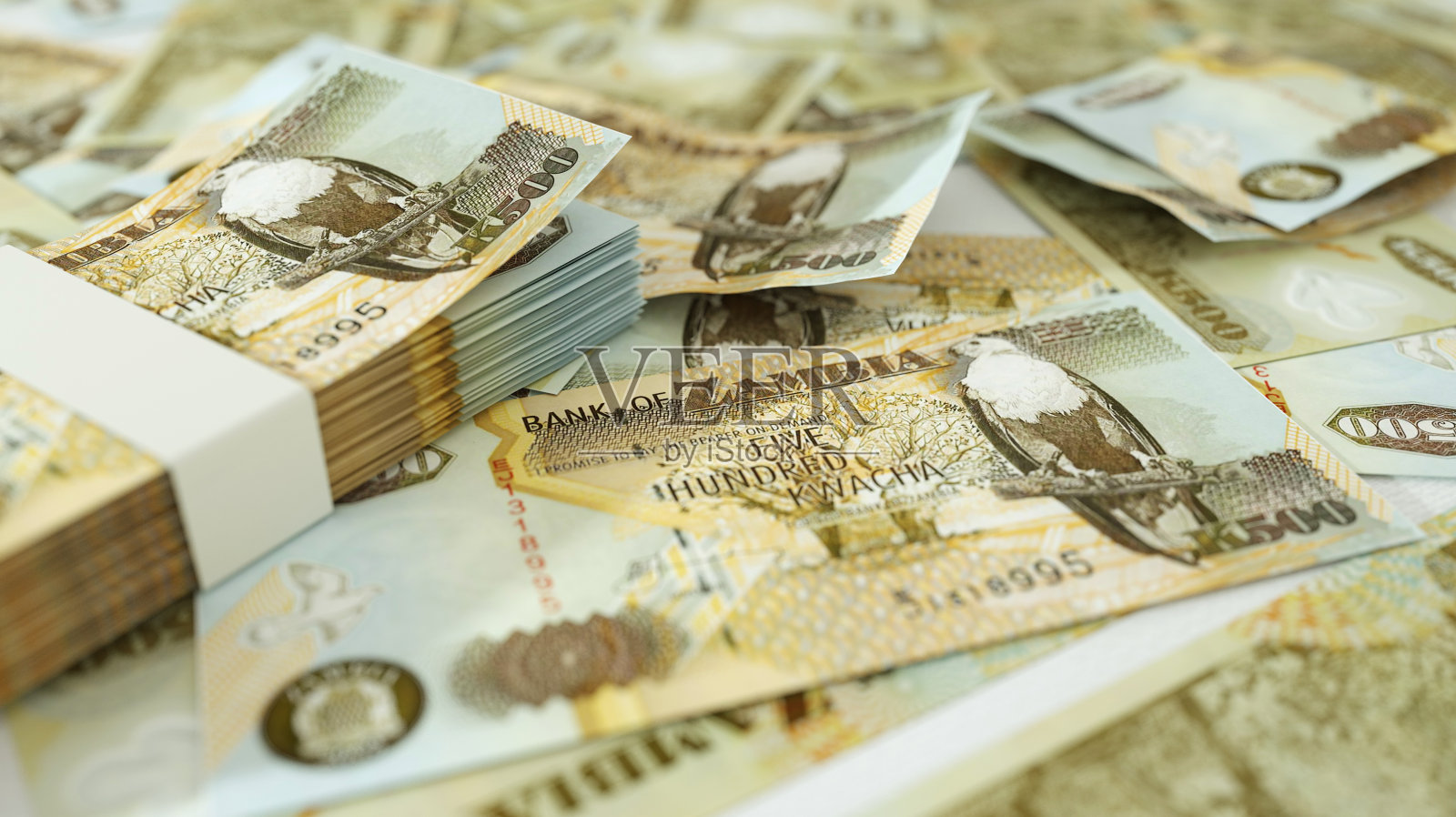 三维渲染赞比亚克瓦查纸币蔓延在表面上照片摄影图片