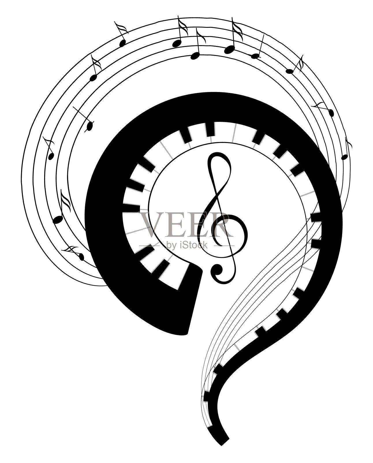 乐器。钢琴键盘与音乐波和高音谱号。矢量图插画图片素材