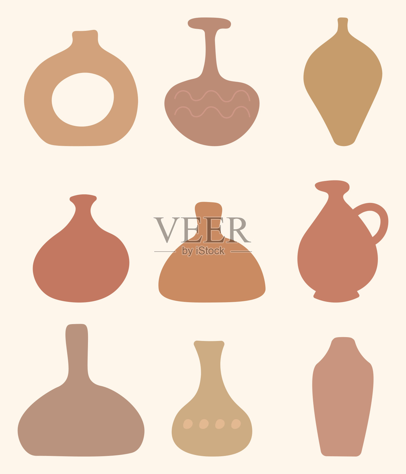 一套波希米亚风格的花瓶在柔和的颜色。矢量插图在当代风格插画图片素材