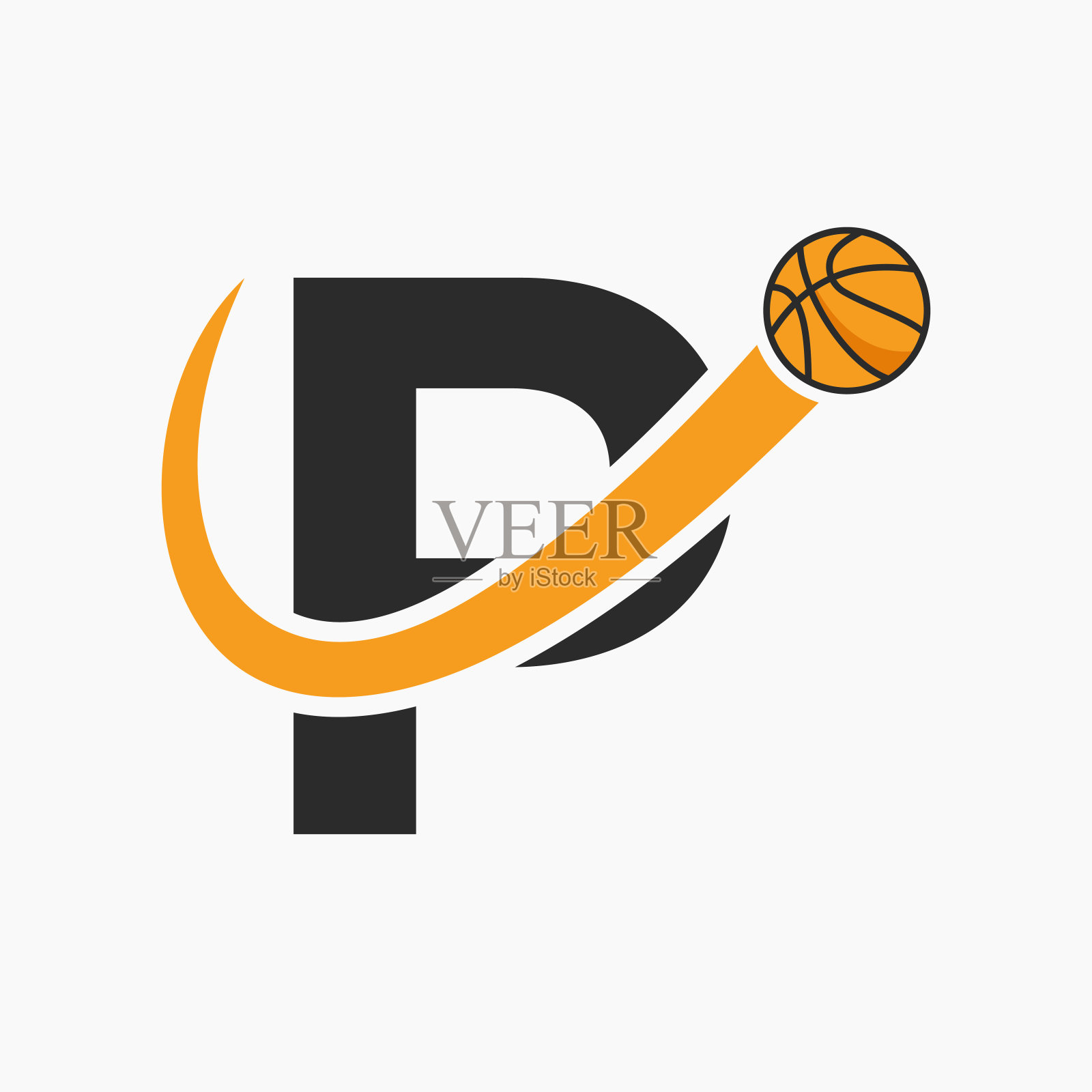 篮球标志上的字母P概念。篮子俱乐部符号矢量模板插画图片素材