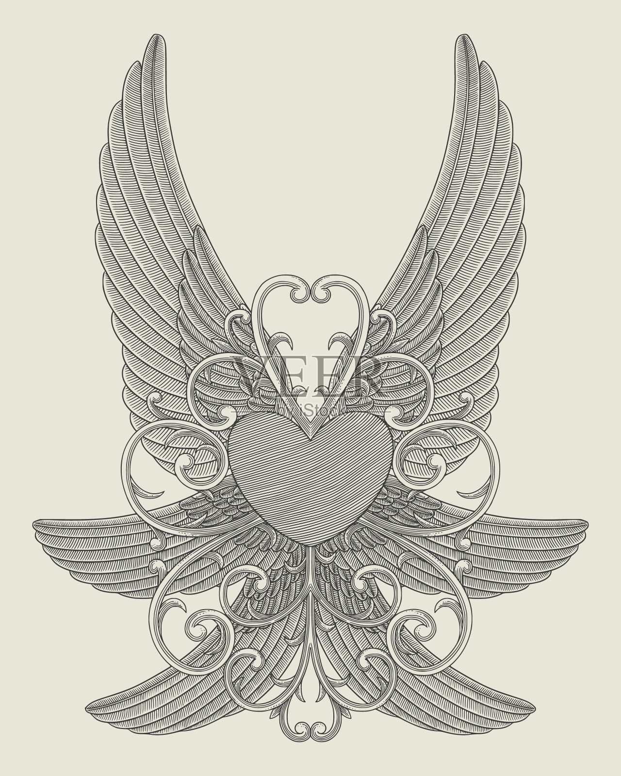 心有六个翅膀和装饰。复古雕刻矢量插图插画图片素材