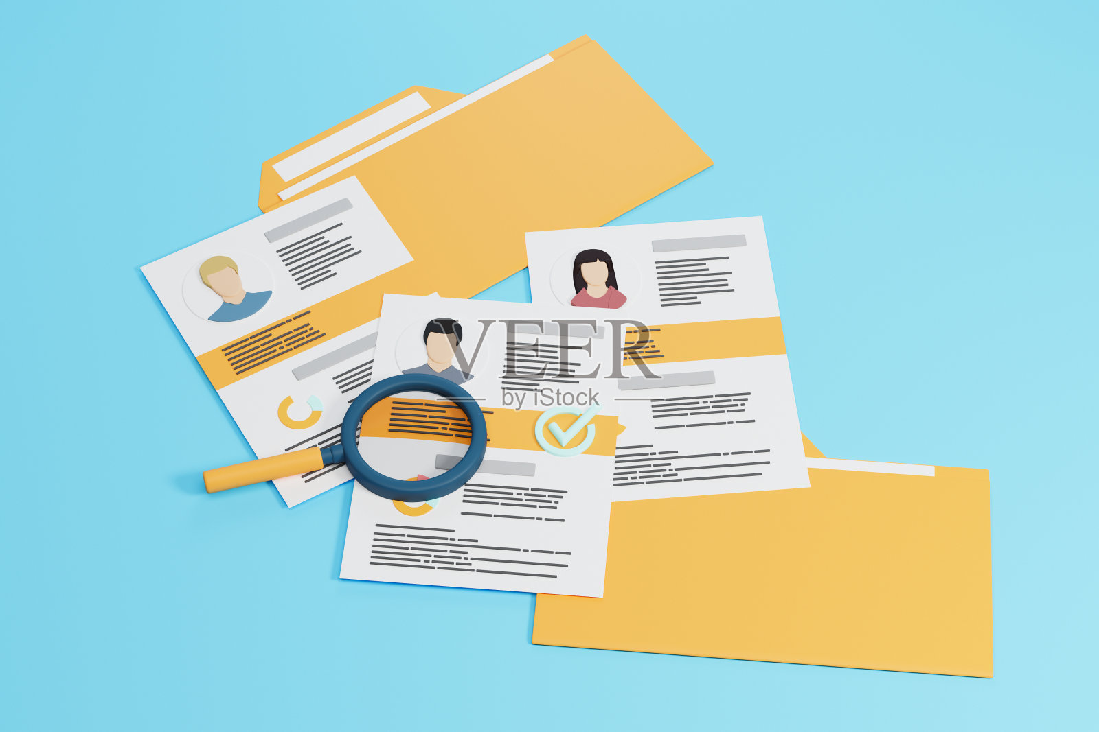 把工作申请用文件夹和放大镜叠起来照片摄影图片