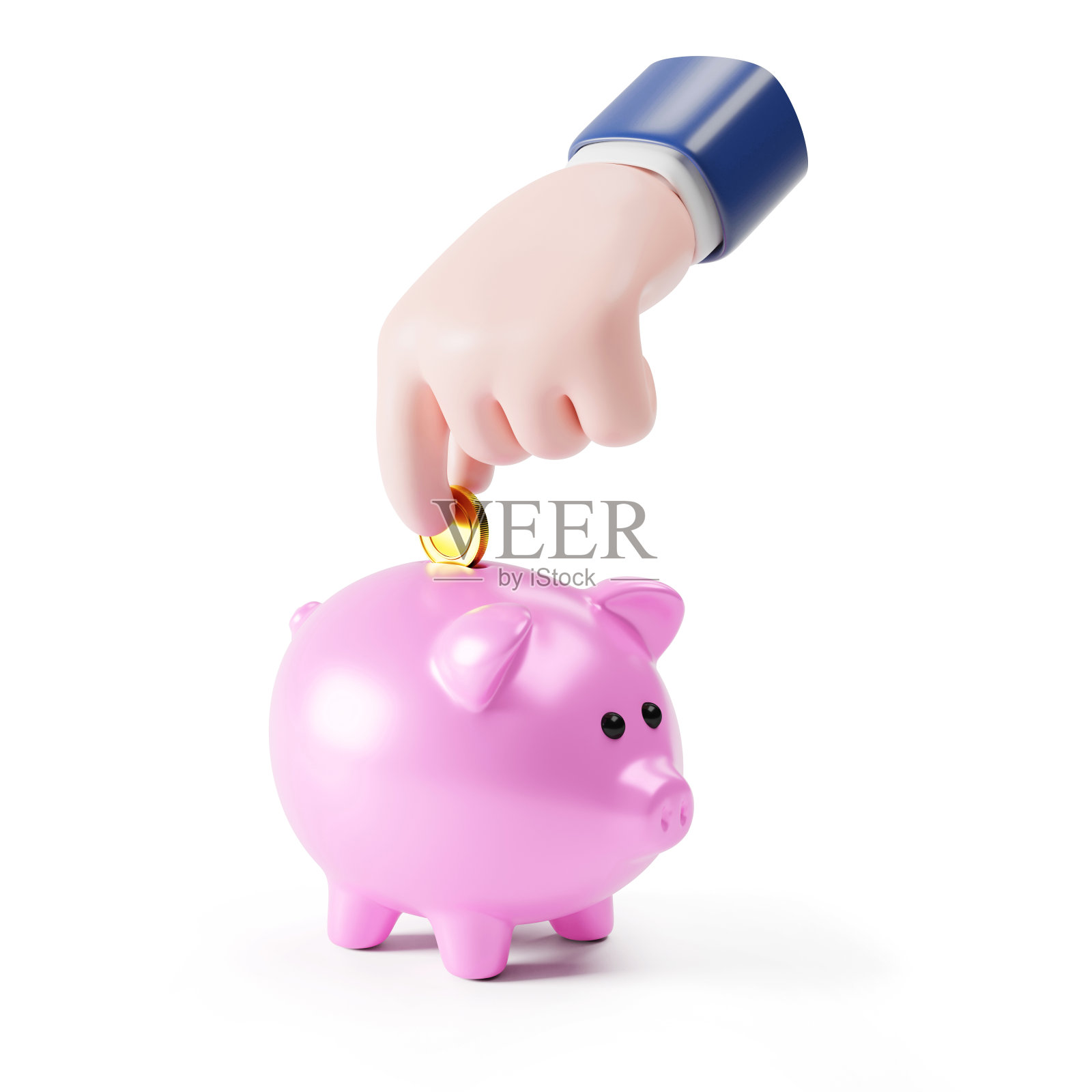 卡通手把金币放进粉红色的扑满照片摄影图片